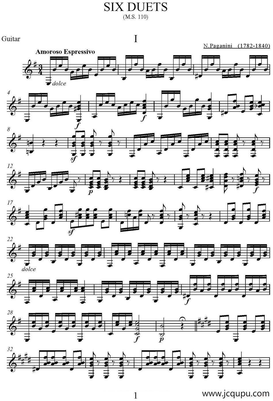 帕格尼尼六首《小提琴和吉他二重奏》 (M.S.110)（吉他分谱）简谱