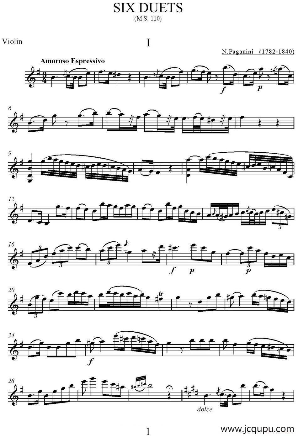 帕格尼尼六首《小提琴和吉他二重奏》 (M.S.110)（小提琴分谱）简谱