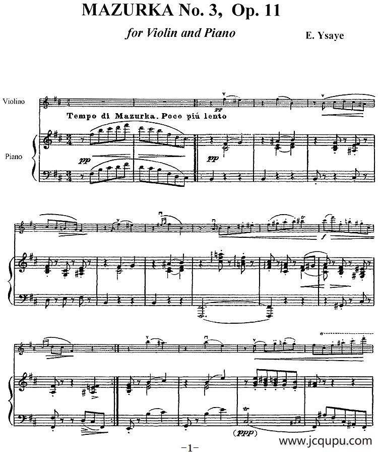 伊萨伊作品集：Mazurka No.3，Op.11（小提琴+钢琴伴奏）简谱