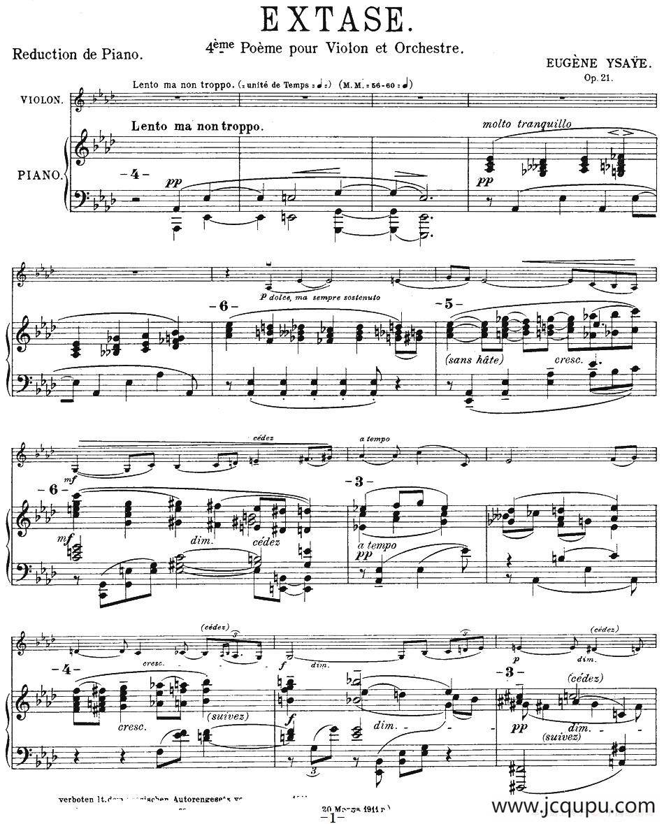 伊萨伊作品集：Extase（小提琴+钢琴伴奏）简谱