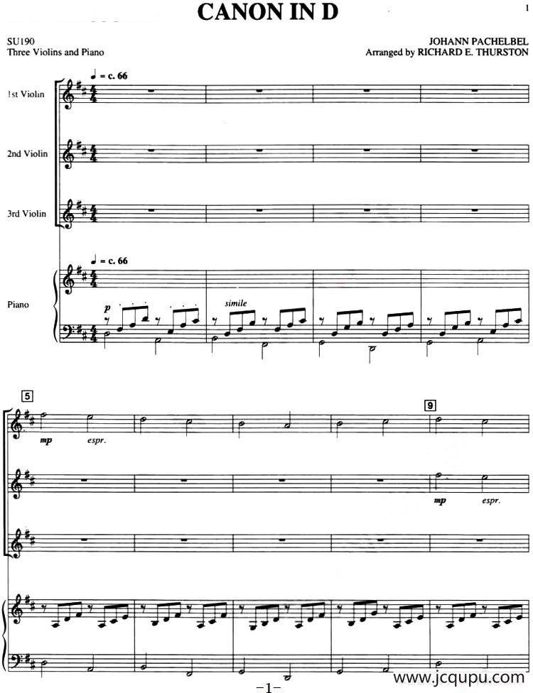 CANON IN D（3个小提琴+钢琴伴奏、四重奏）简谱