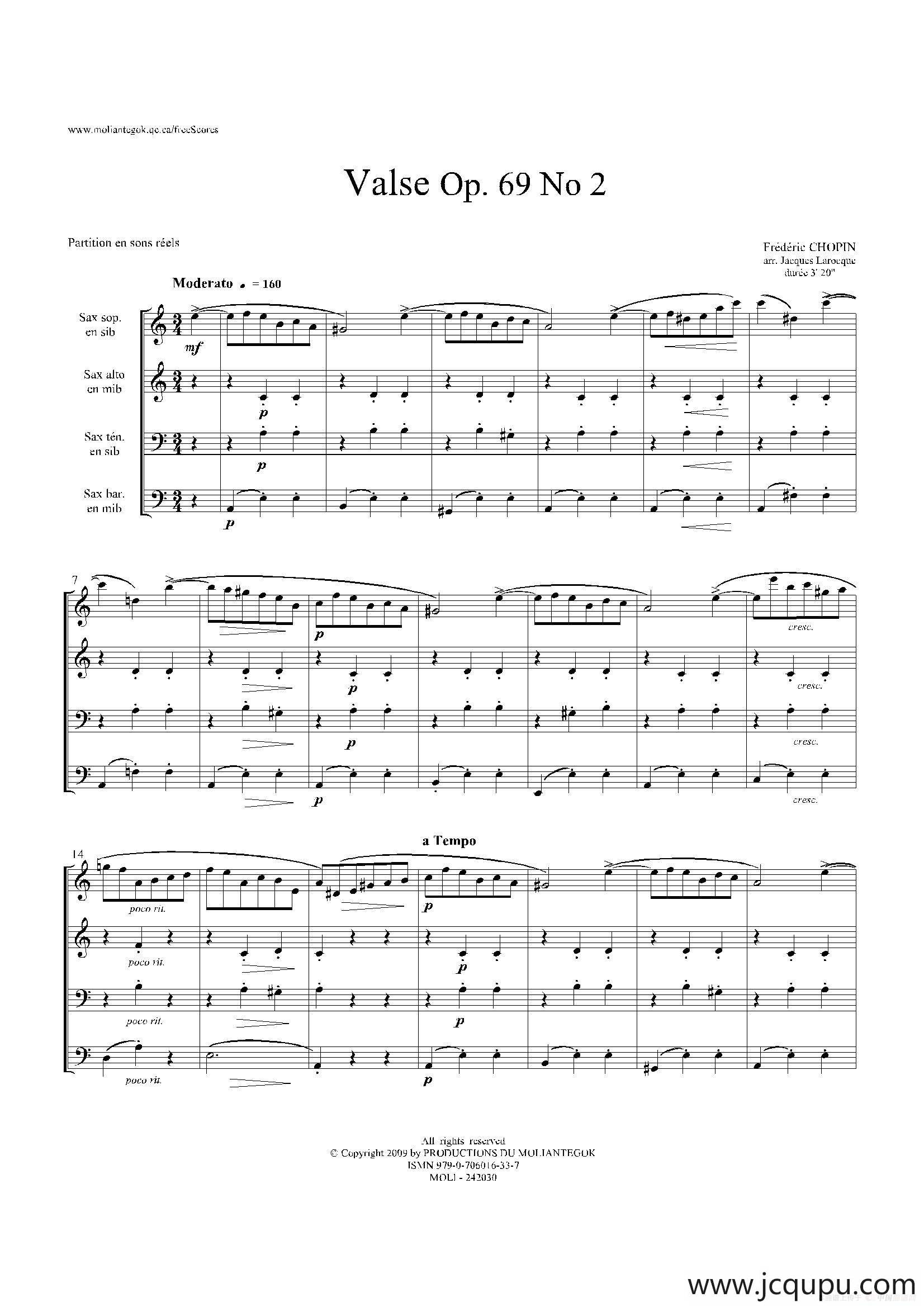 b小调圆舞曲 Op.69 No.2 （四重奏总谱）简谱