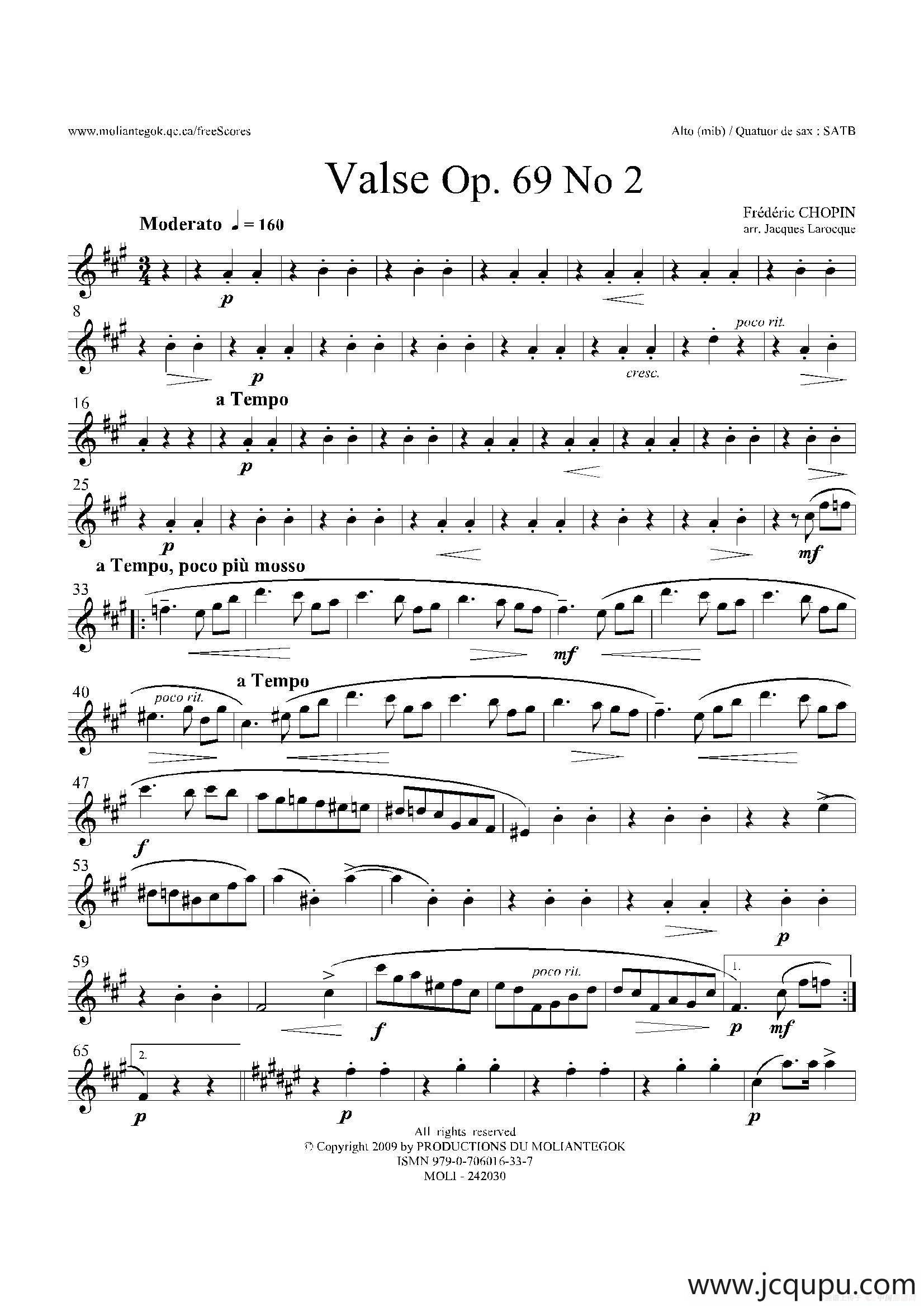 b小调圆舞曲 Op.69 No.2（四重奏中音萨克斯分谱）简谱