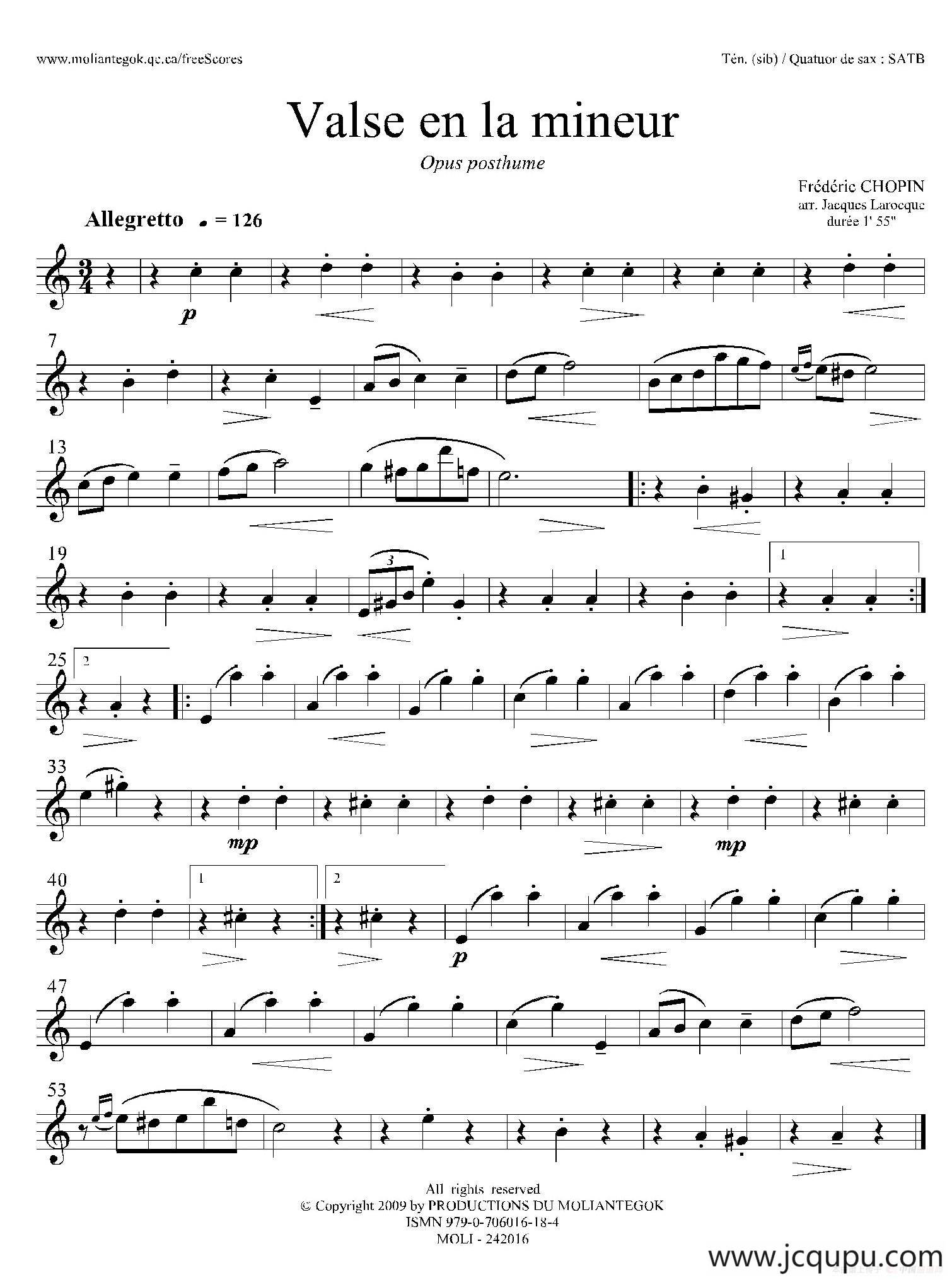 a小调圆舞曲 B.150（四重奏次中音萨克斯分谱）简谱