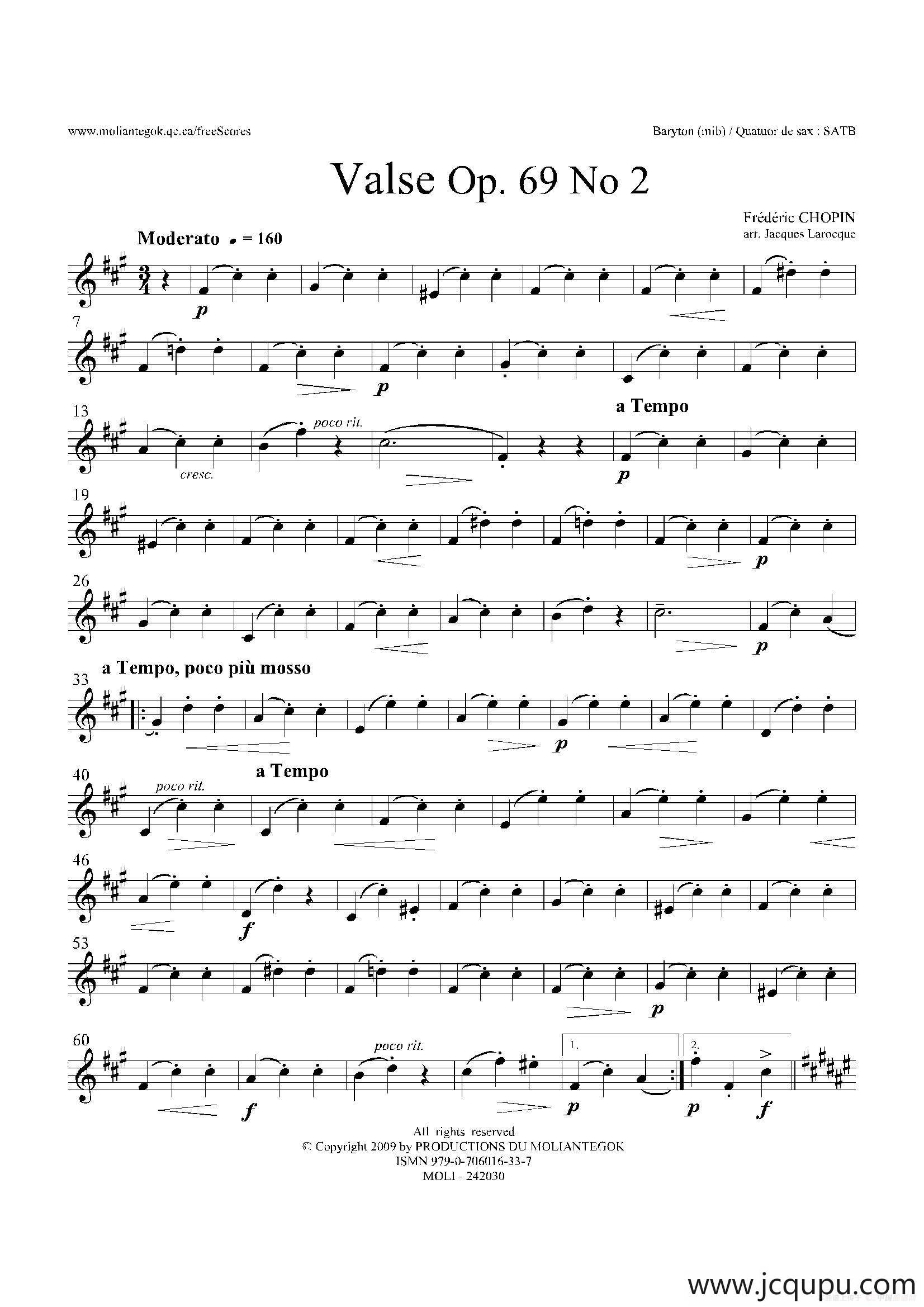 b小调圆舞曲 Op.69 No.2（四重奏上低音萨克斯分谱）简谱