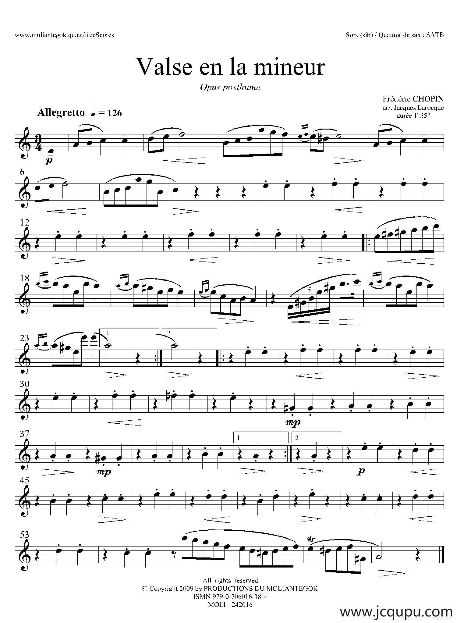 a小调圆舞曲 B.150（四重奏高音萨克斯分谱）简谱