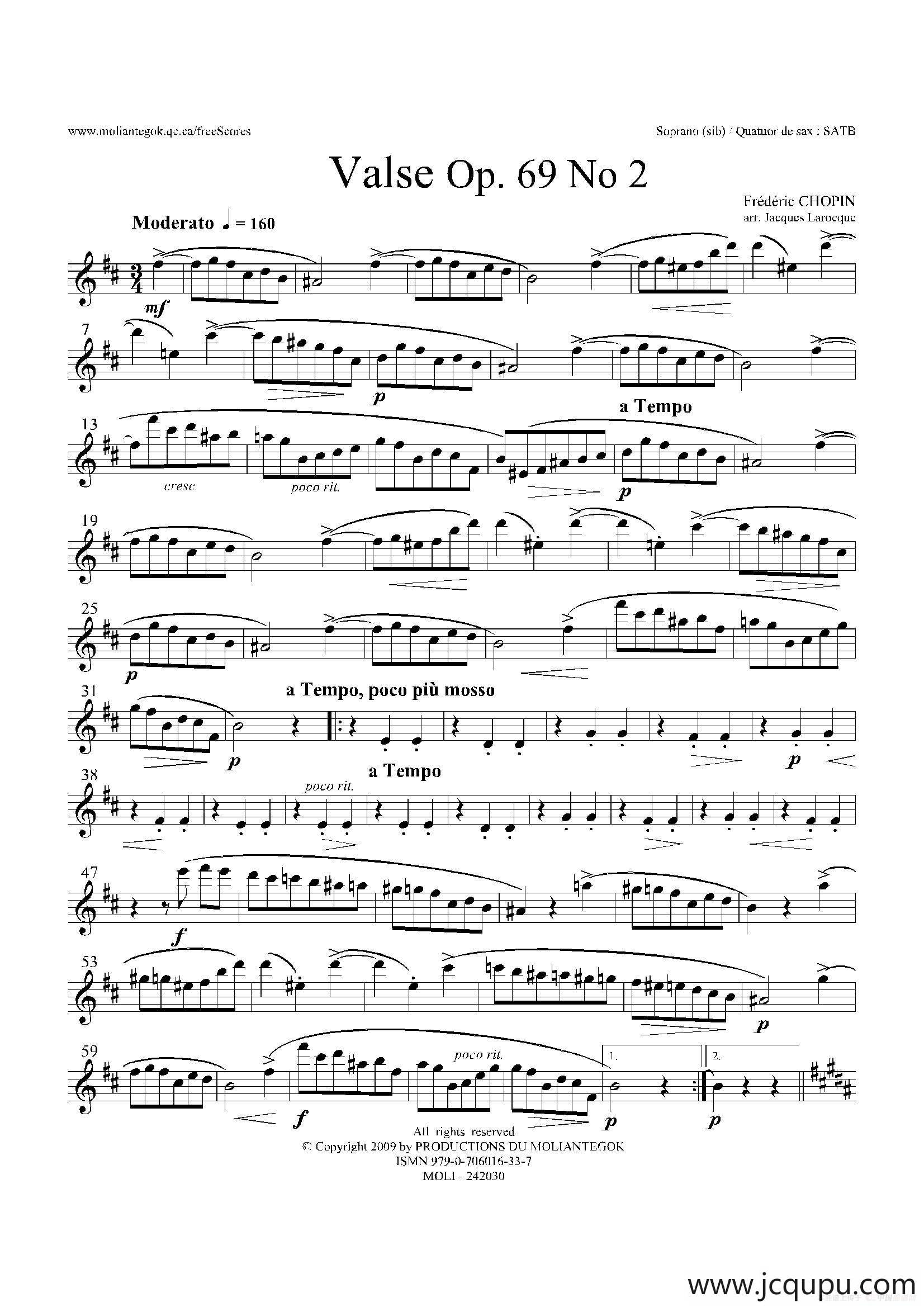 b小调圆舞曲 Op.69 No.2（四重奏高音萨克斯分谱）简谱