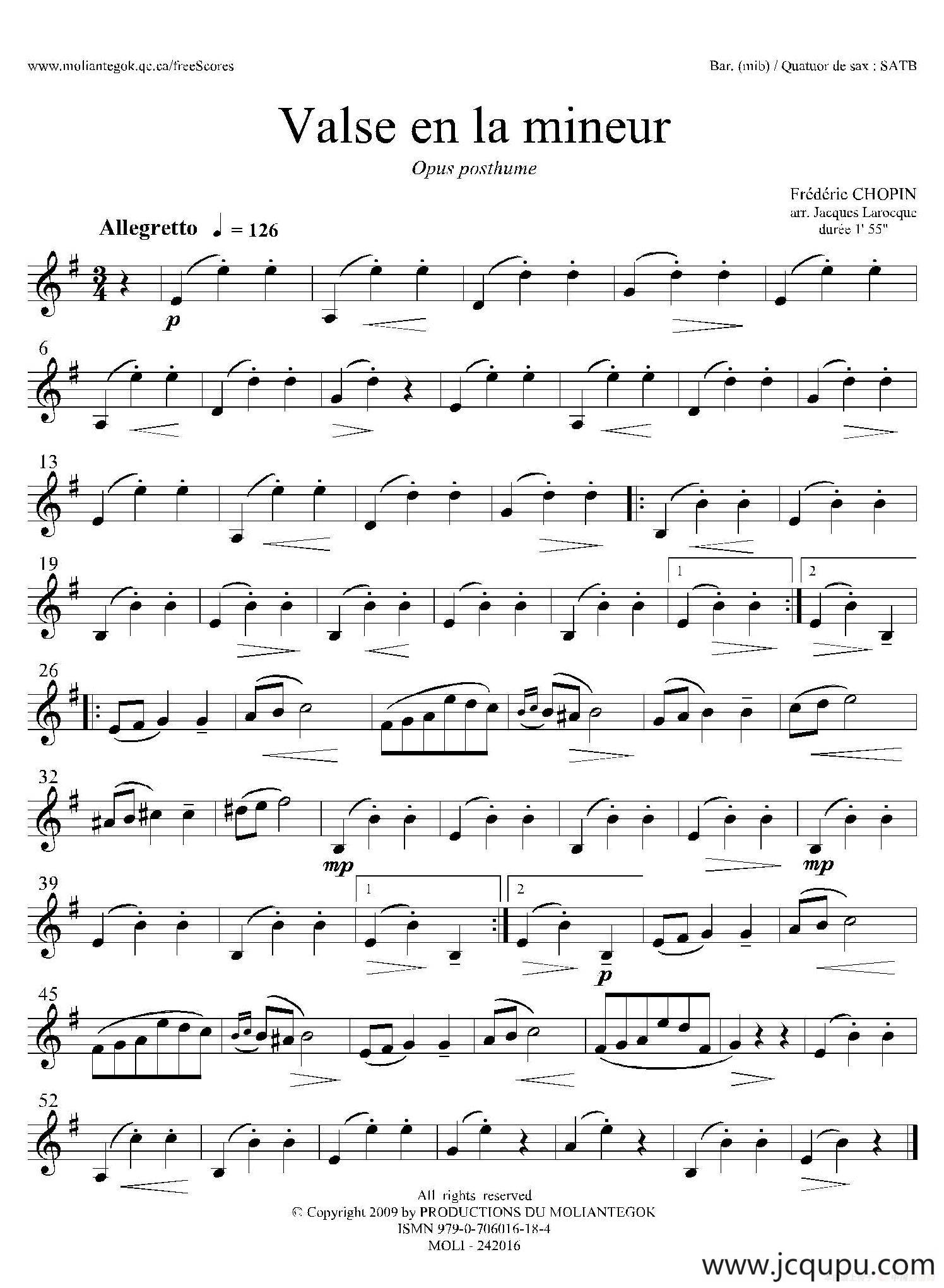 a小调圆舞曲 B.150（四重奏上低音萨克斯分谱）简谱