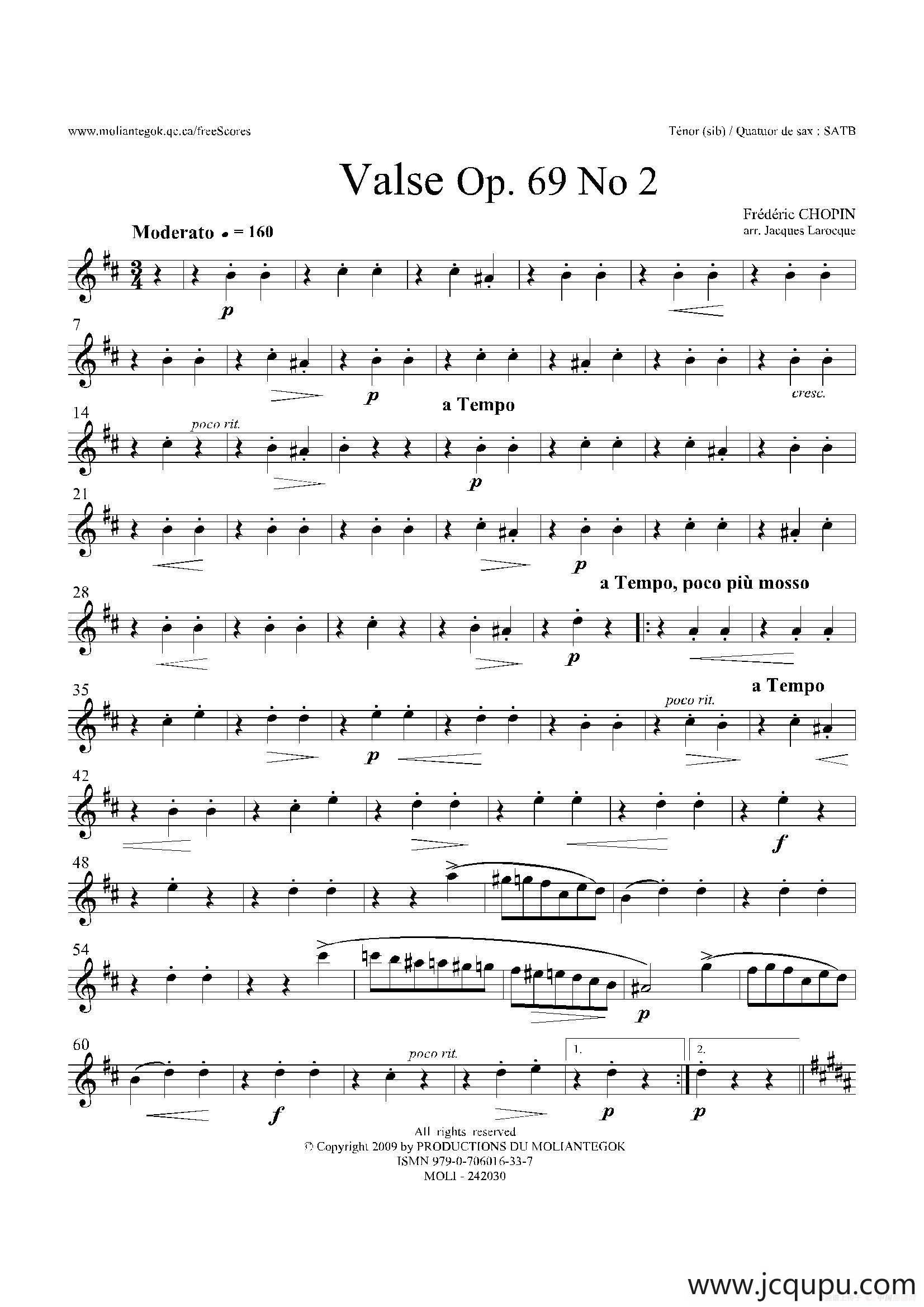 b小调圆舞曲 Op.69 No.2（四重奏次中音萨克斯分谱）简谱