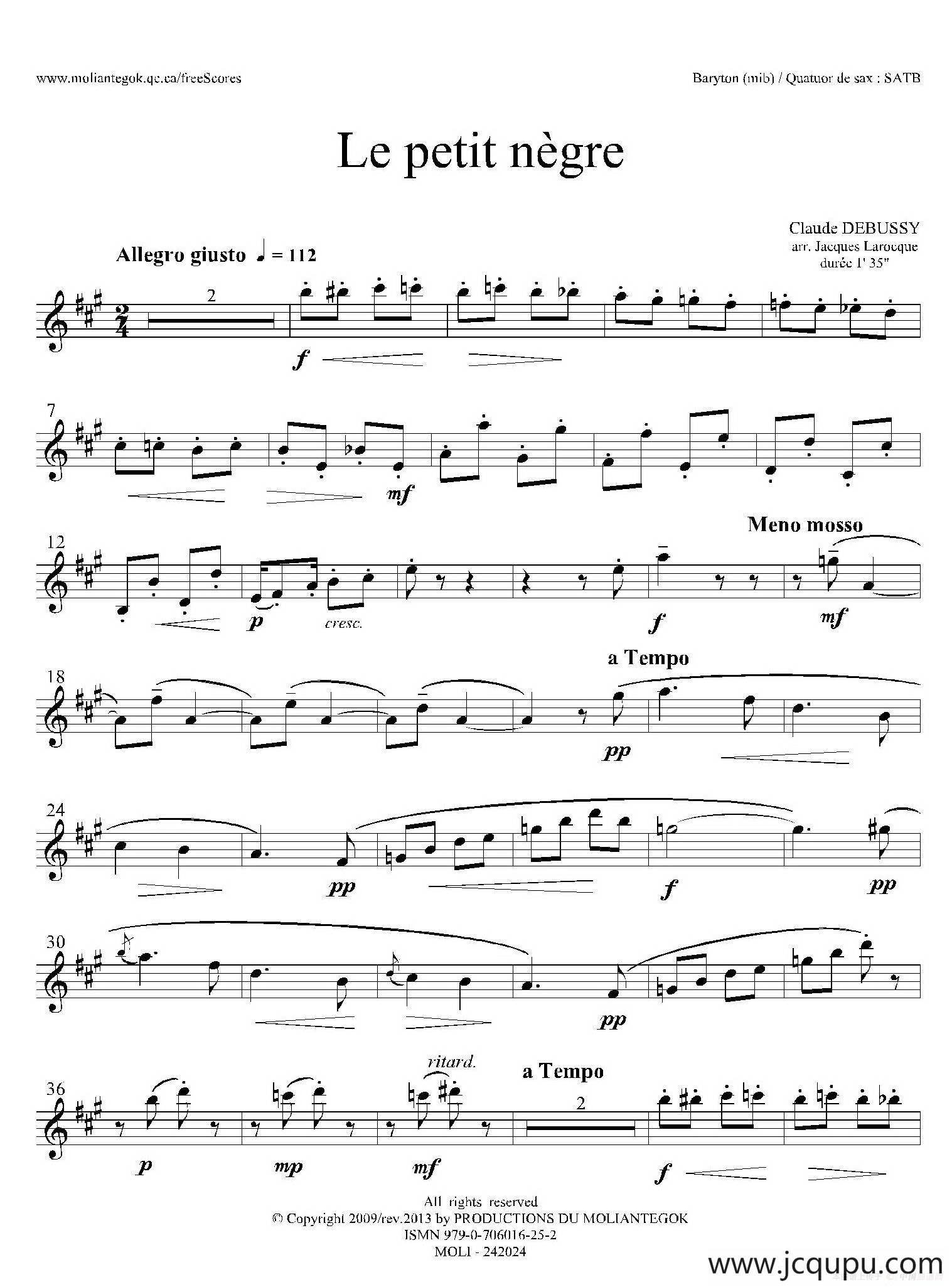 小黑人（四重奏上低音萨克斯分谱）简谱