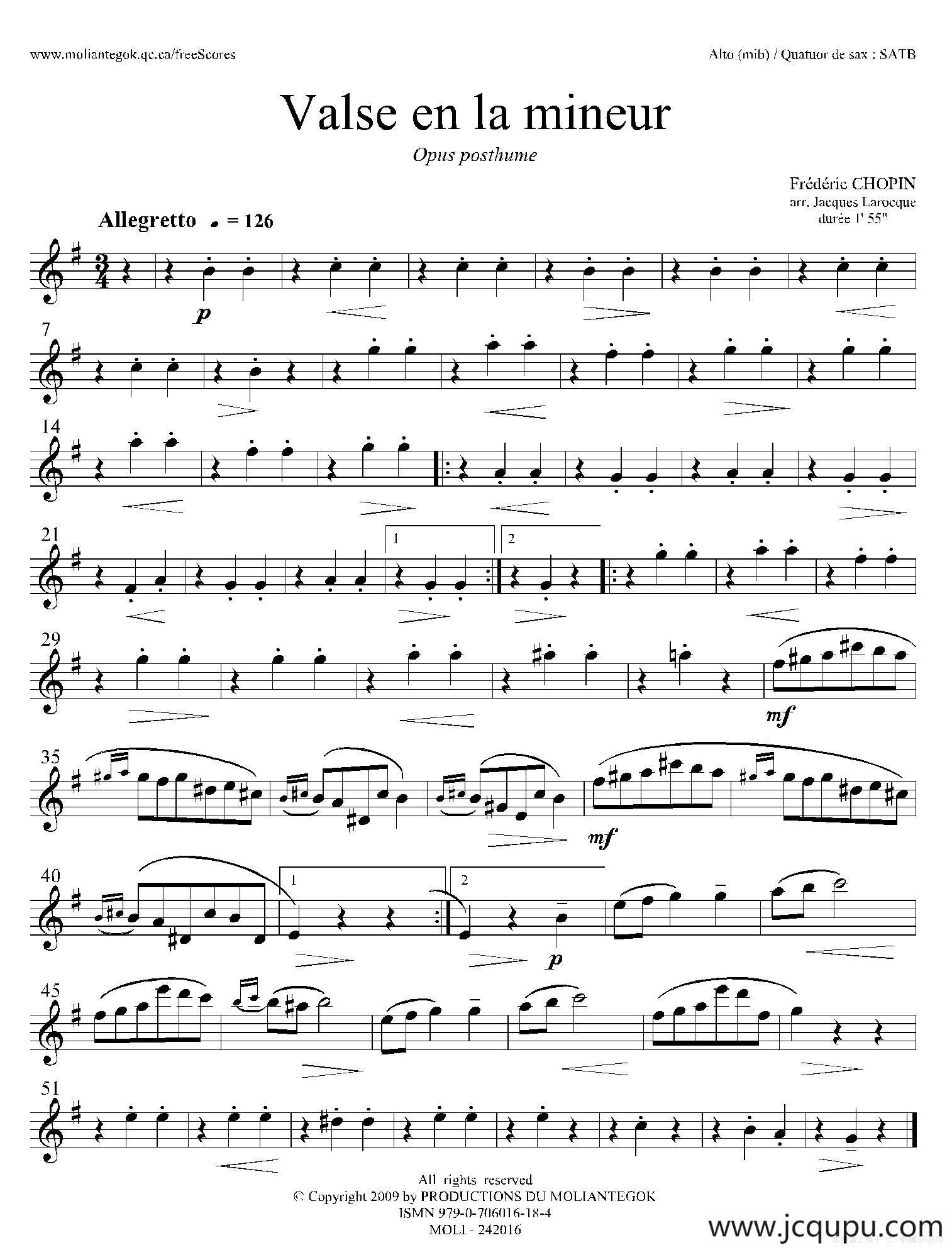 a小调圆舞曲 B.150（四重奏中音萨克斯分谱）简谱