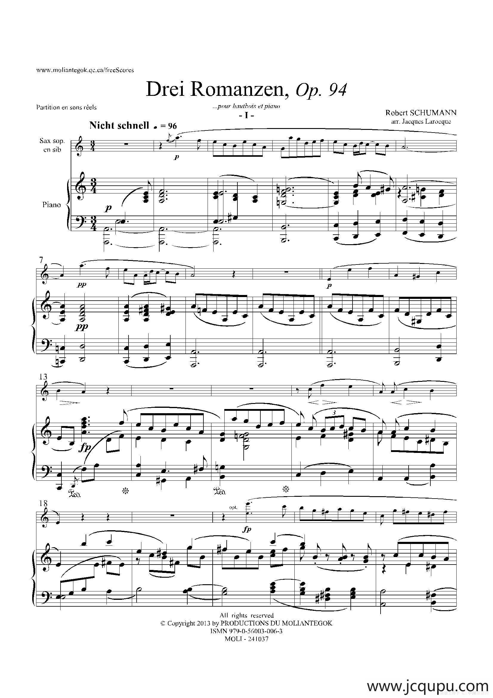 三首浪漫曲 Op.94（高音萨克斯+钢琴伴奏）简谱