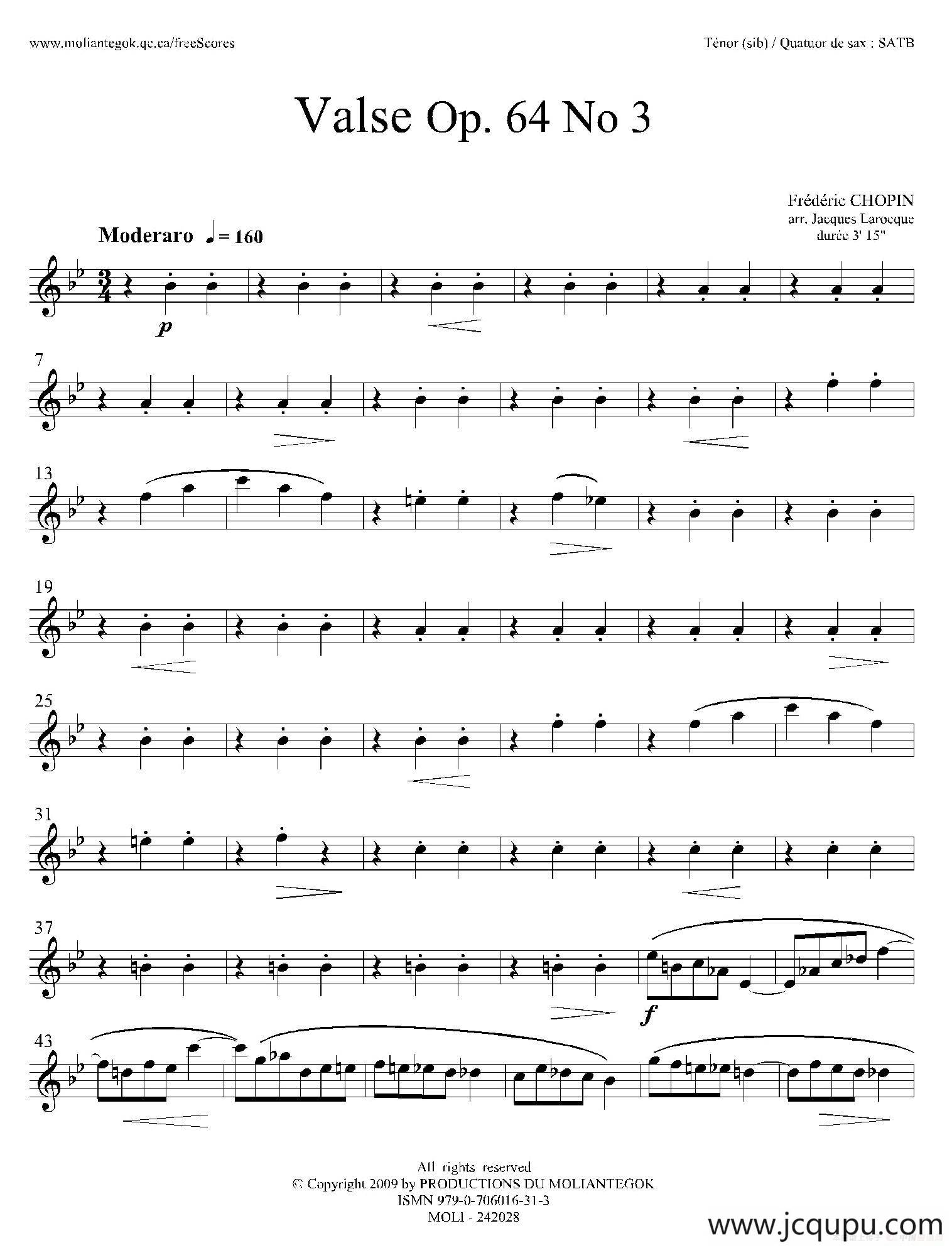 降A大调圆舞曲 Op.64 No.3（四重奏次中音萨克斯分谱）简谱