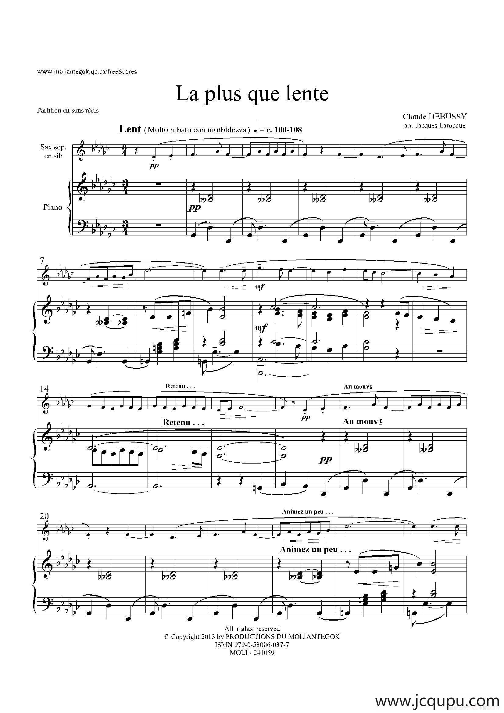 La pius que lente（缓慢地圆舞曲）（高音萨克斯+钢琴伴奏）简谱