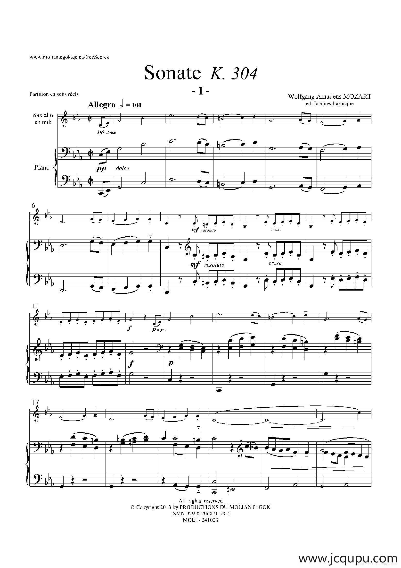 奏鸣曲 Op.304（中音萨克斯+钢琴伴奏）简谱