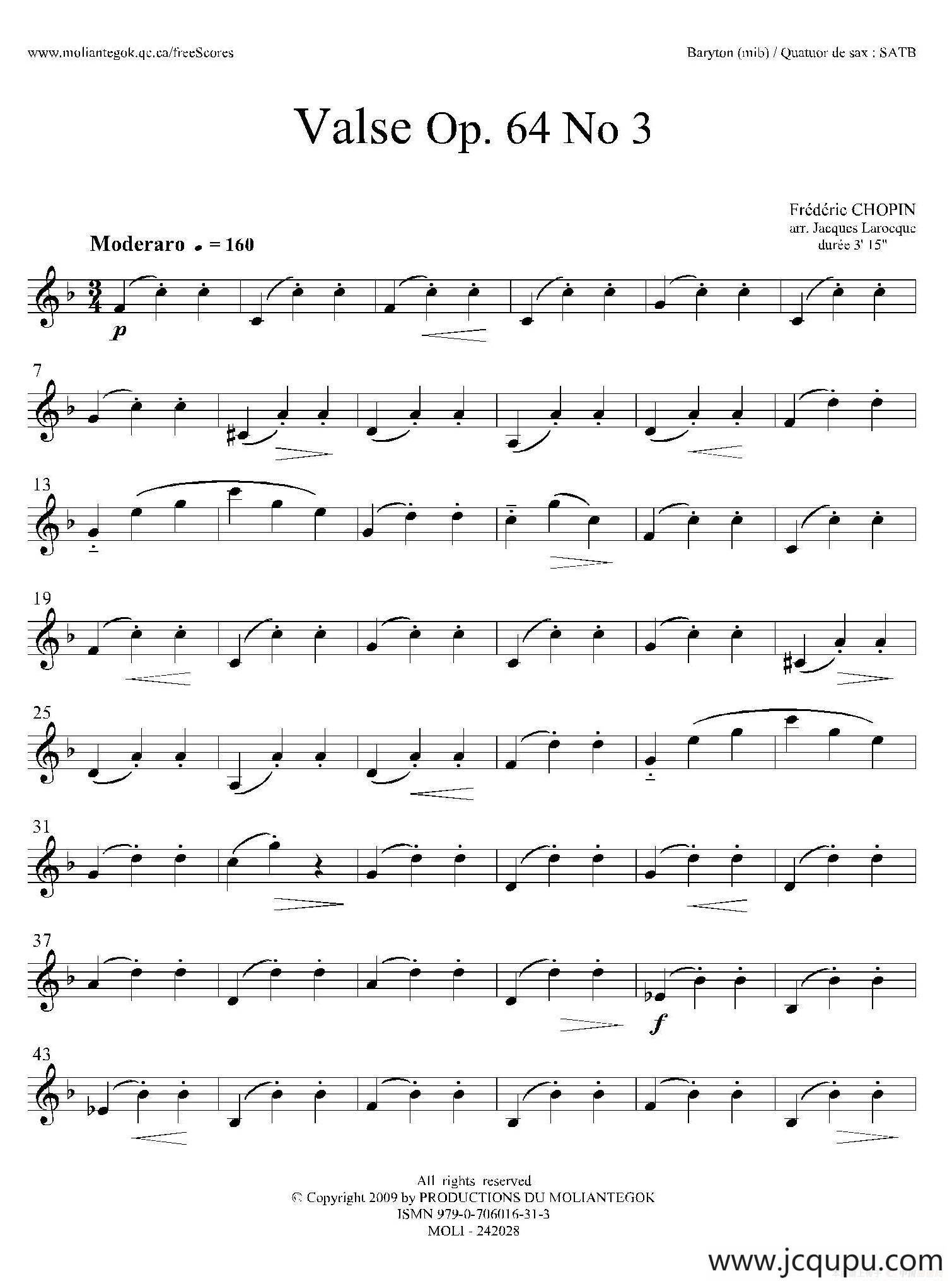 降A大调圆舞曲 Op.64 No.3（四重奏上低音萨克斯分谱）简谱