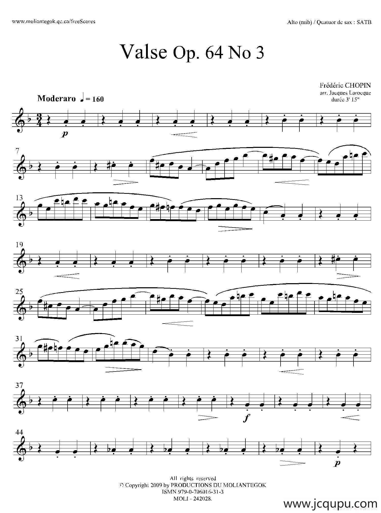 降A大调圆舞曲 Op.64 No.3（四重奏中音萨克斯分谱）简谱