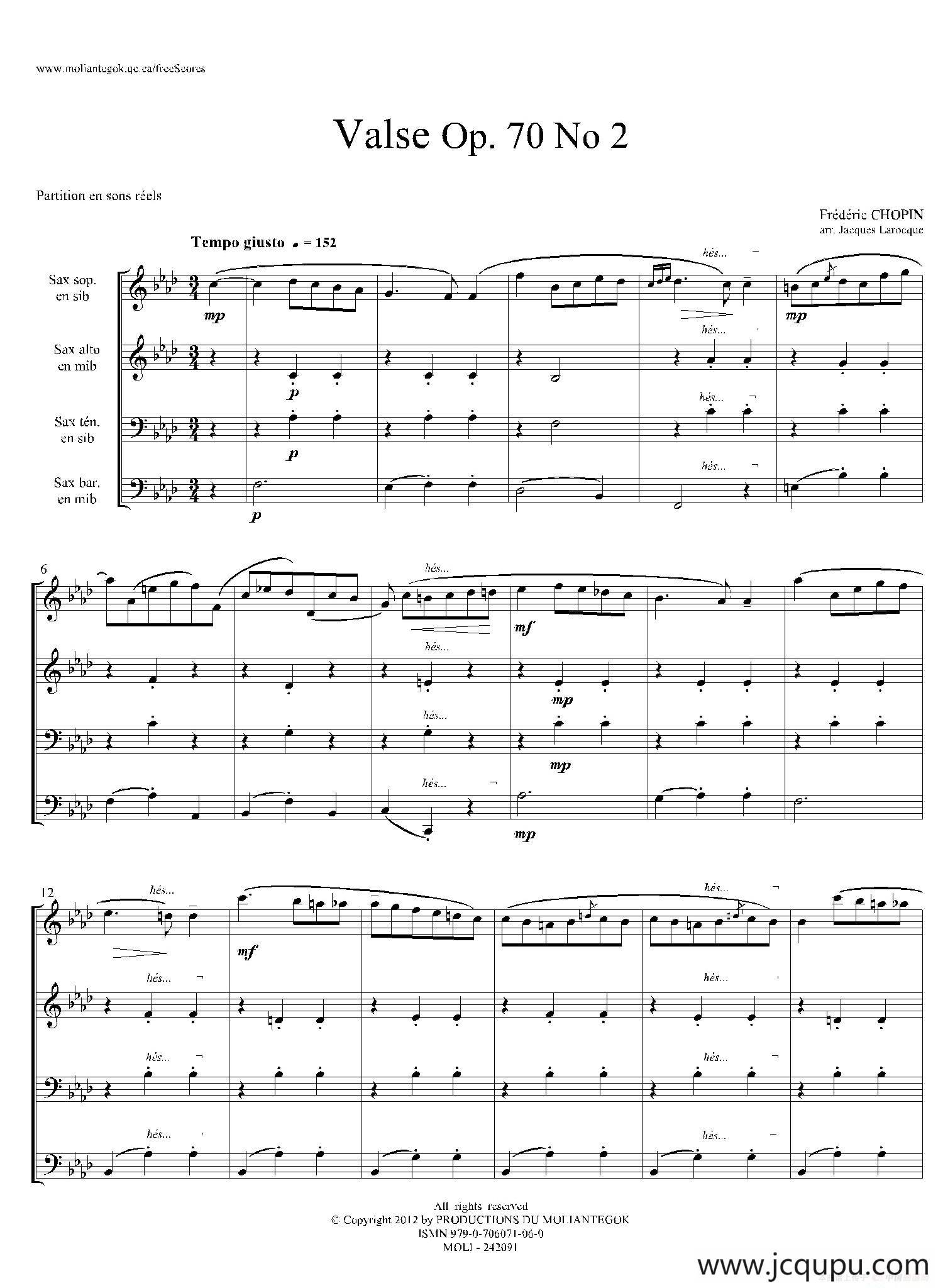 f小调圆舞曲 Op.70 No.2（四重奏总谱）简谱