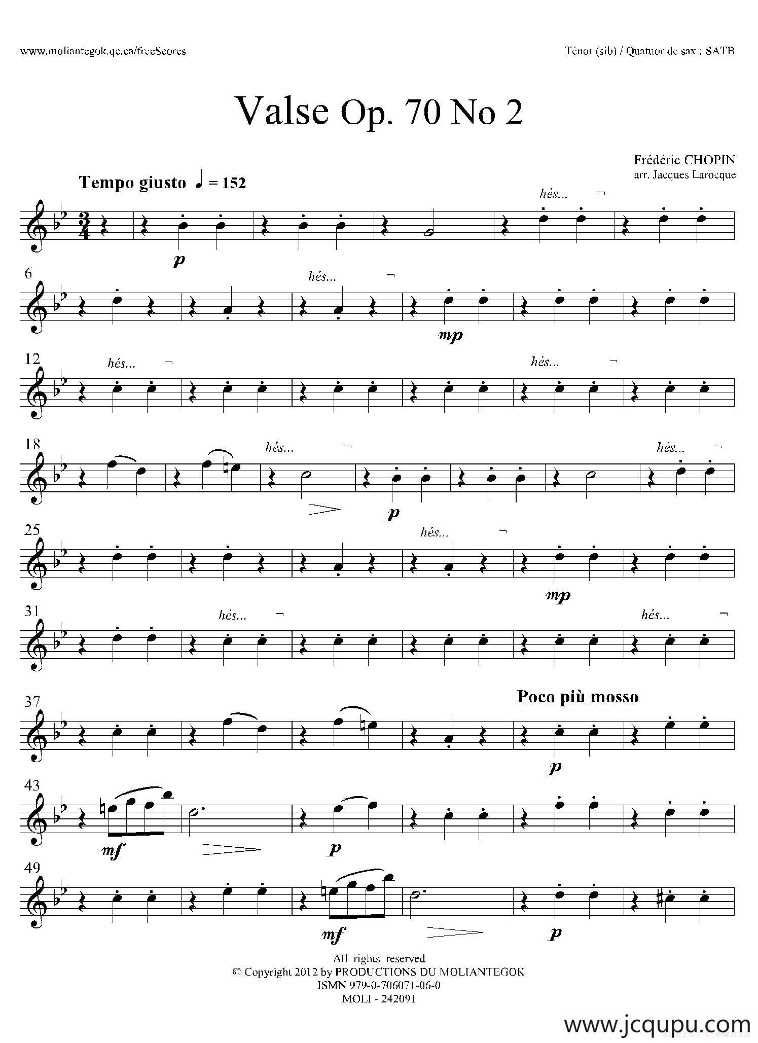 f小调圆舞曲 Op.70 No.2（四重奏次中音萨克斯分谱）简谱