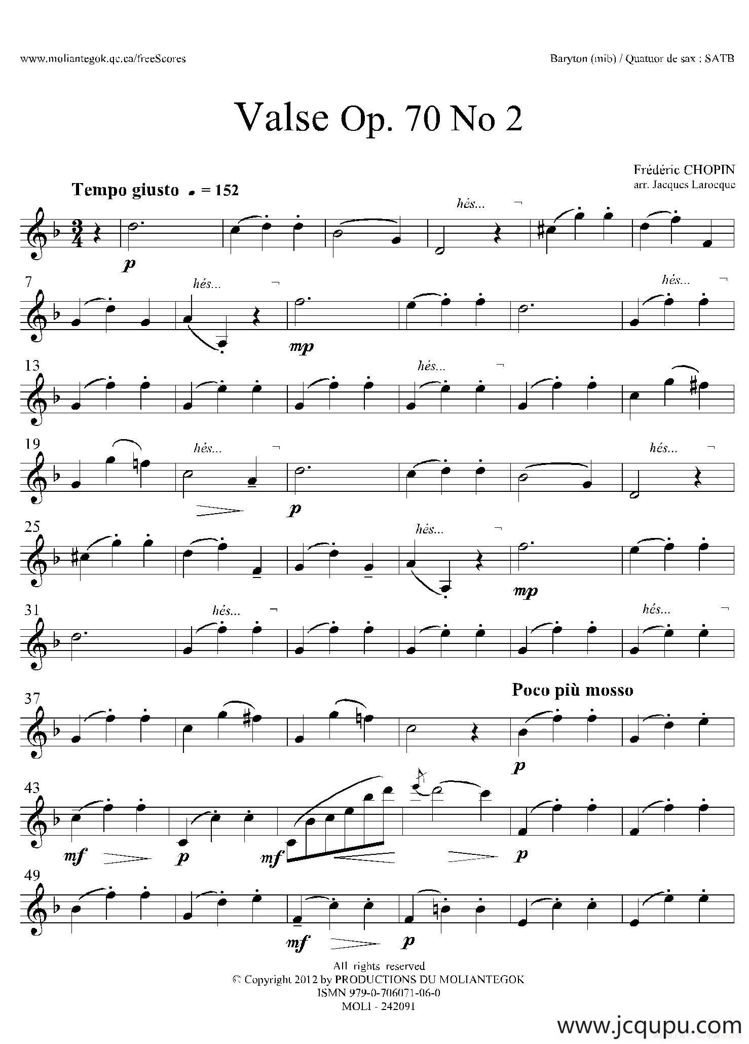 f小调圆舞曲 Op.70 No.2（四重奏上低音萨克斯分谱）简谱