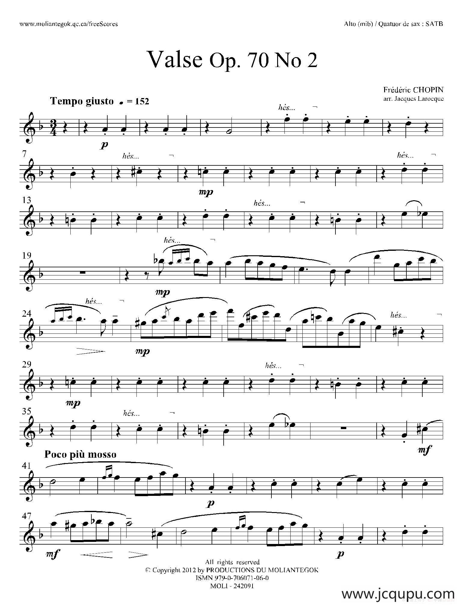 f小调圆舞曲 Op.70 No.2（四重奏中音萨克斯分谱）简谱