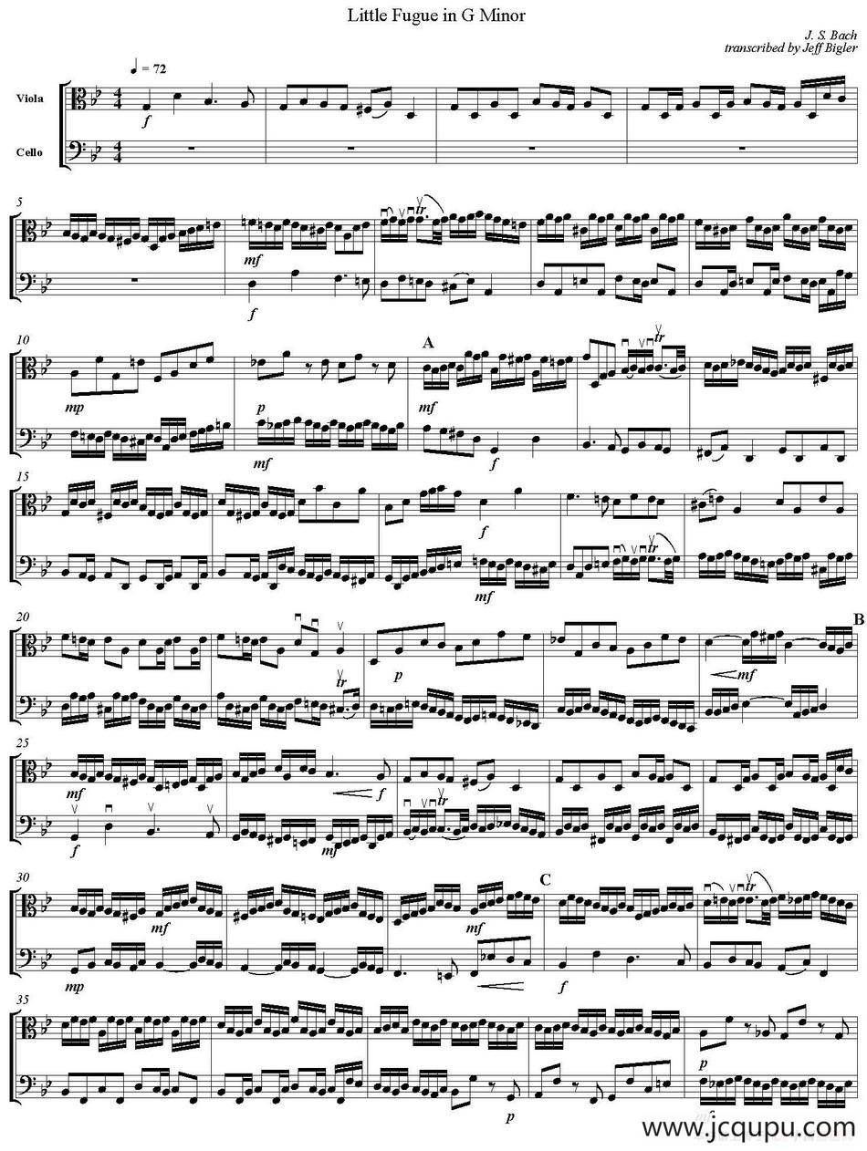Little Fugue in G Minor（G小调小赋格曲、中提琴+大提琴）简谱