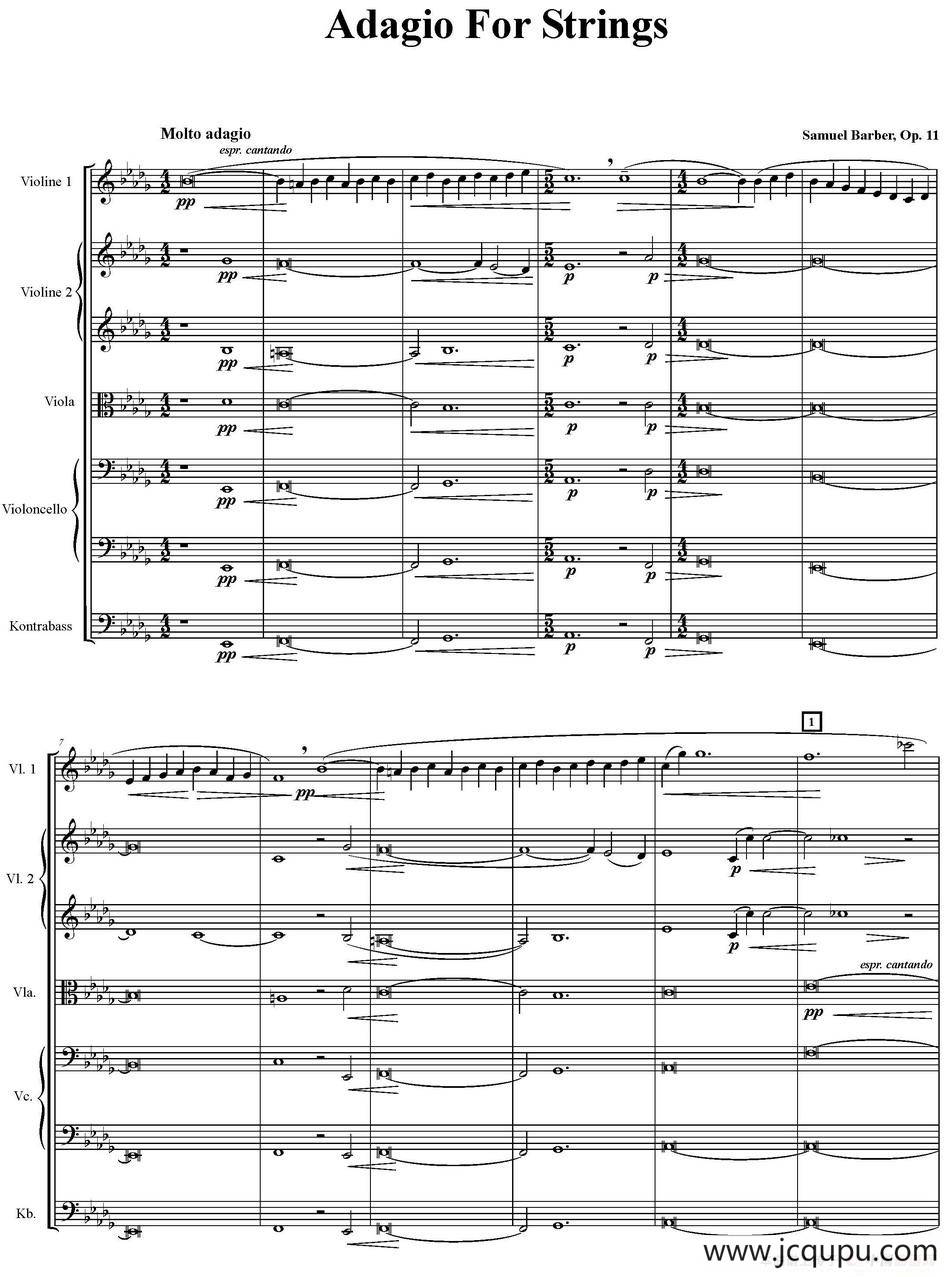 Adagio For Strings 弦乐柔板（五重奏）简谱