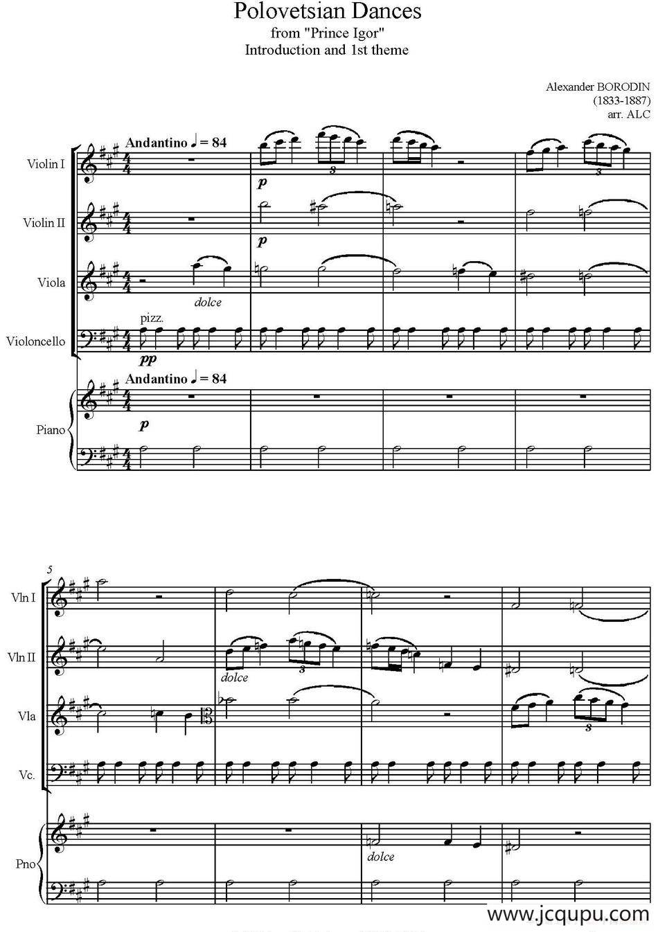 Polovetsian Dances（鞑靼人舞曲、五重奏）简谱