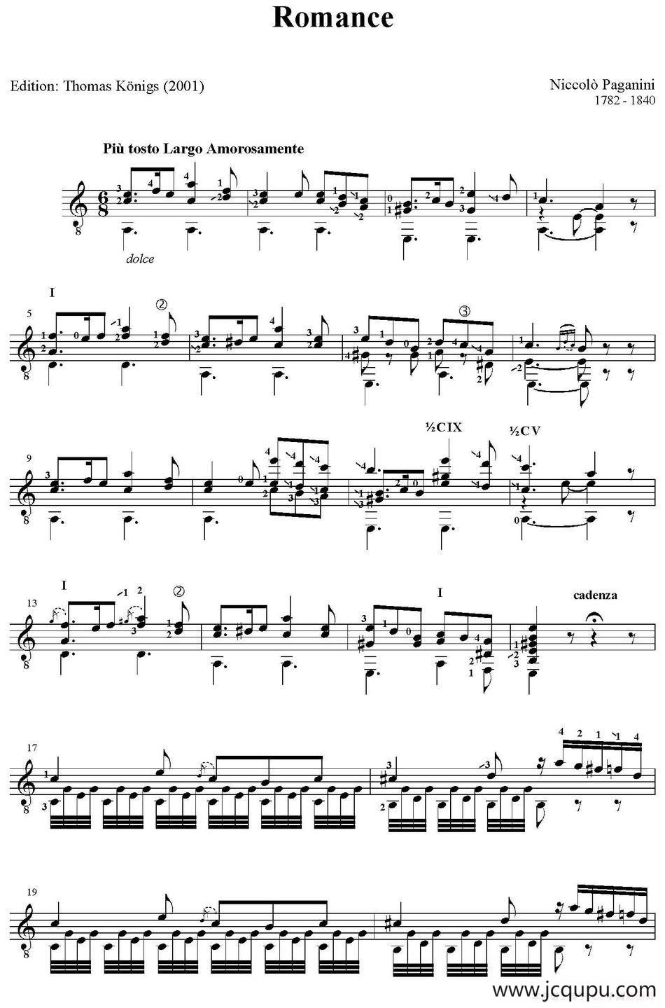 Romance（帕格尼尼作曲版）简谱