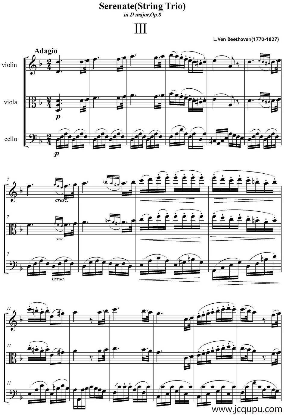 Serenate（String Trio）（D大调弦乐三重奏Op.8,III）简谱