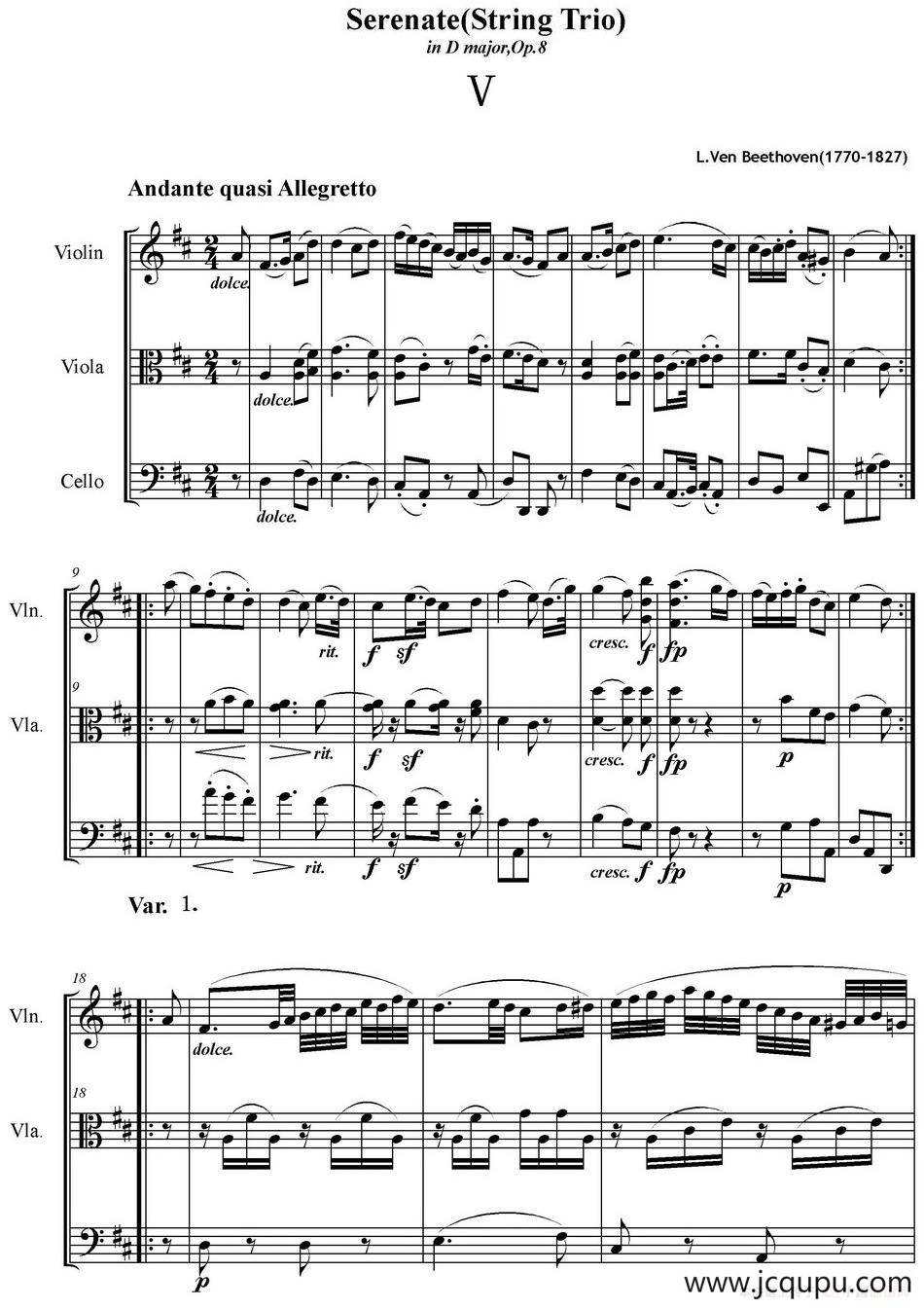 Serenate（String Trio）（D大调弦乐三重奏Op.8,V）简谱