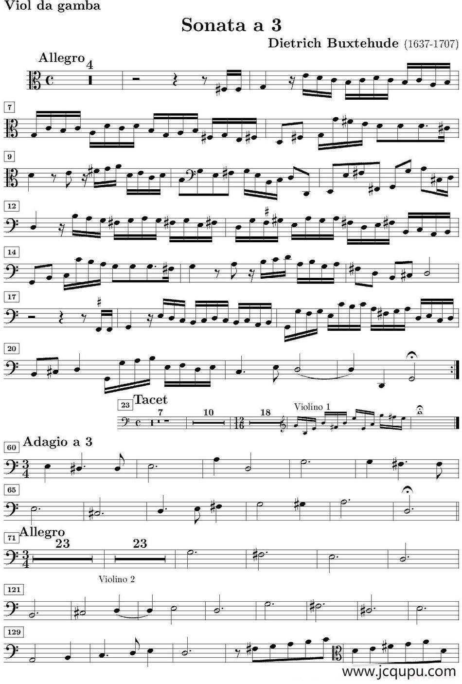 Sonata No.3（第三号小提琴奏鸣曲）（Viola da Gamba分谱）简谱