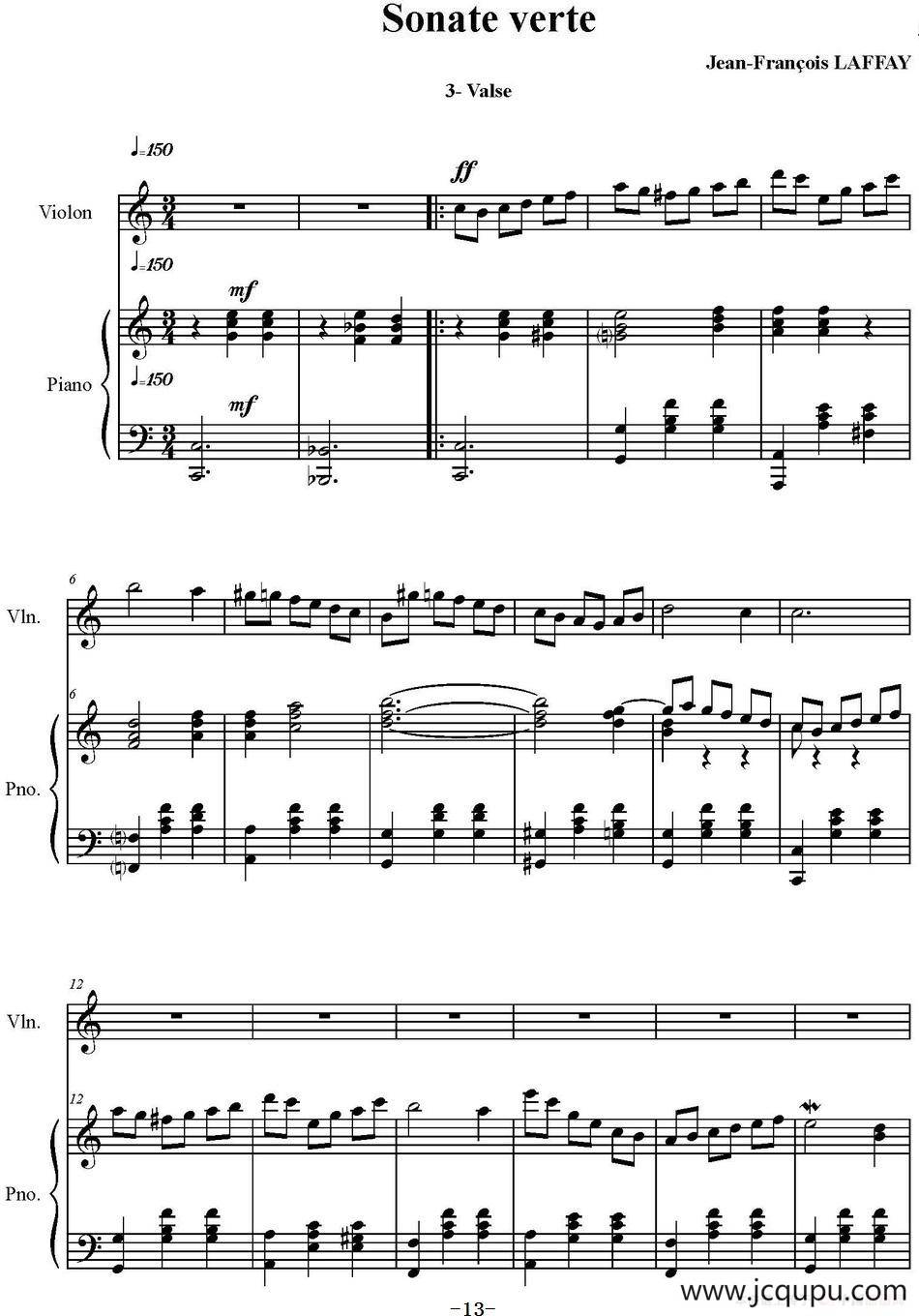 Sonate Verte（3-Valse、小提琴+钢琴伴奏）简谱