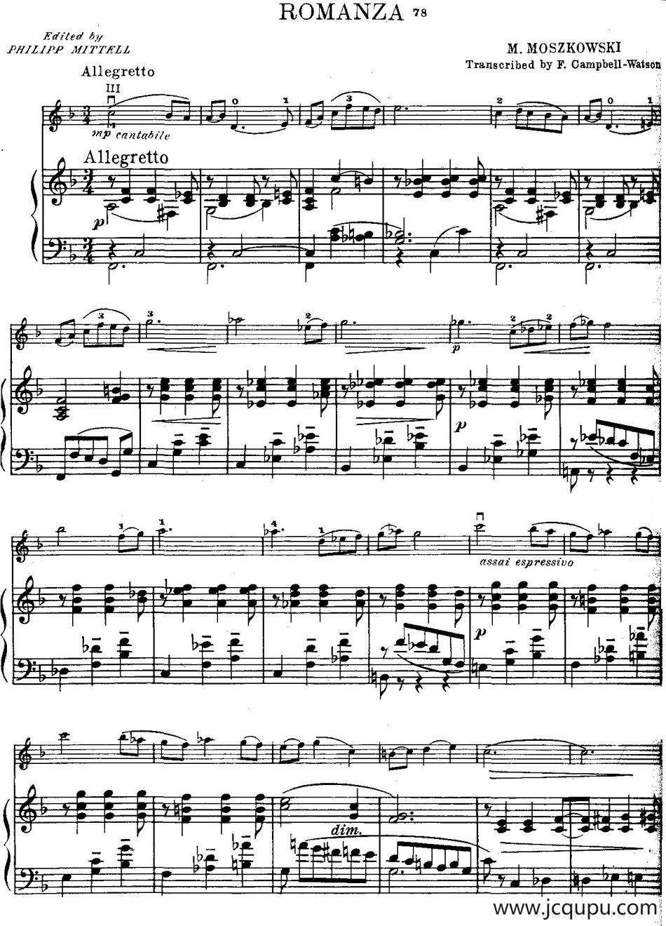 ROMANZA（小提琴+钢琴伴奏、莫什科夫斯基作曲版）简谱