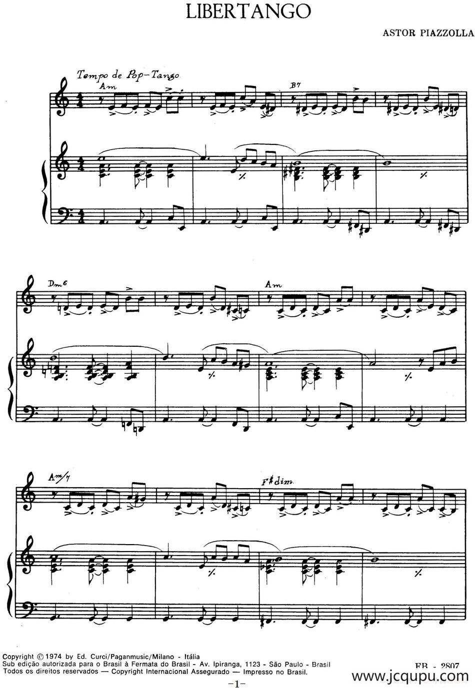 LIBERTANGO（自由探戈、小提琴+钢琴伴奏）简谱