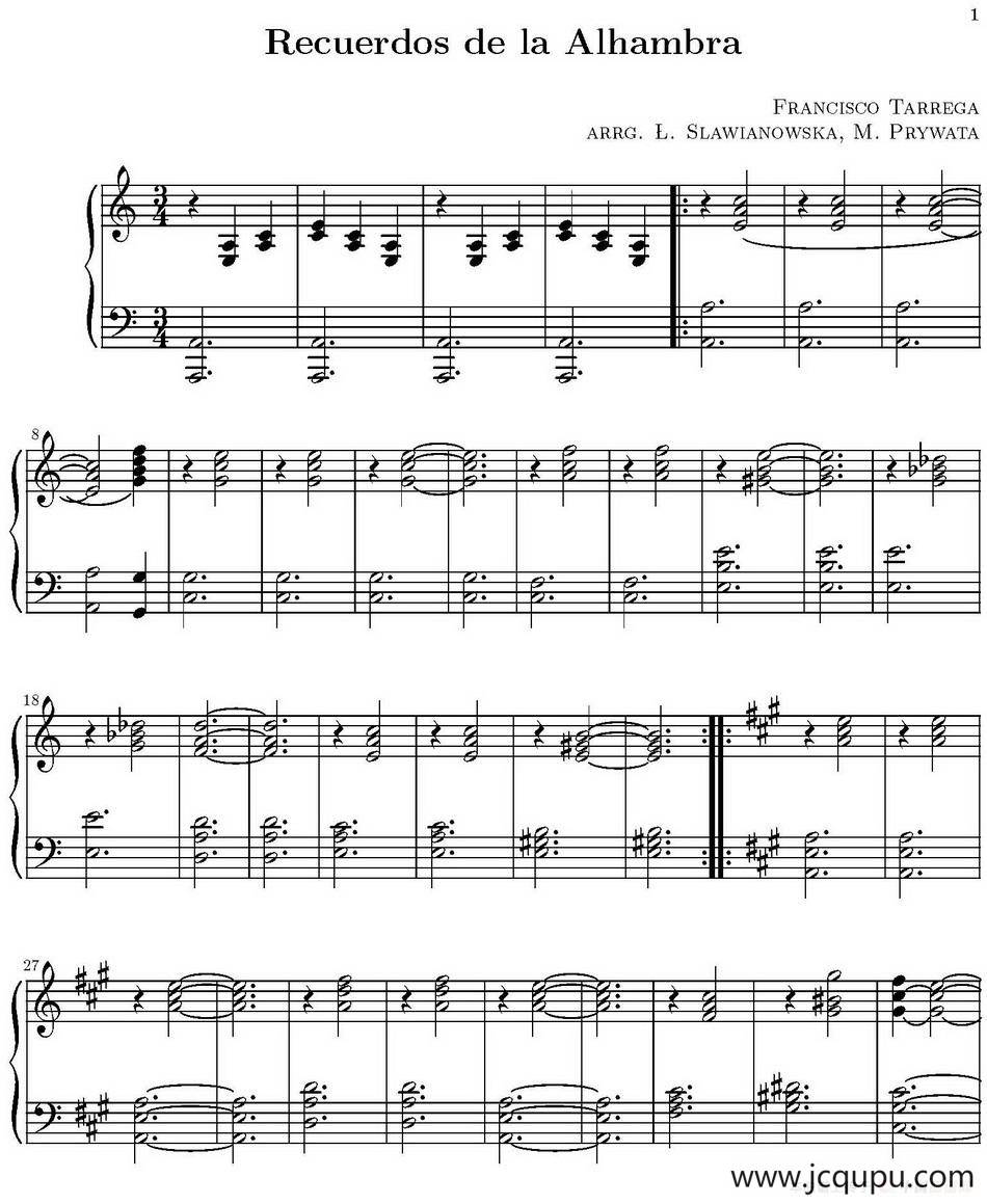 Recuerdos de la Alhambra（阿尔罕布拉的回忆、钢琴伴奏分谱）简谱