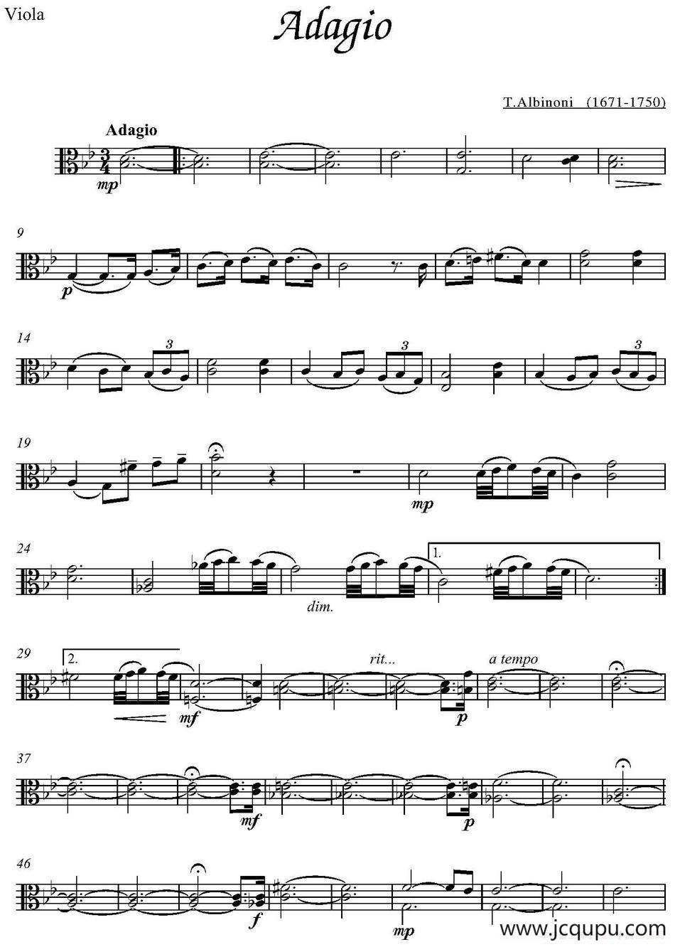 Adagio（中提琴分谱、T.Albinoni作曲版）简谱