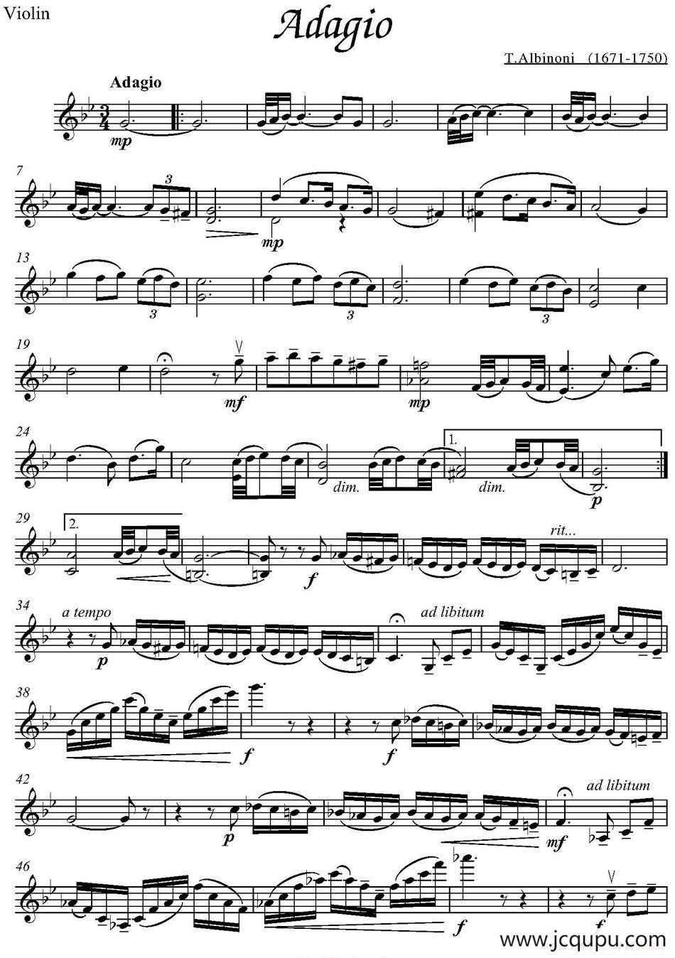 Adagio（T.Albinoni作曲版）简谱