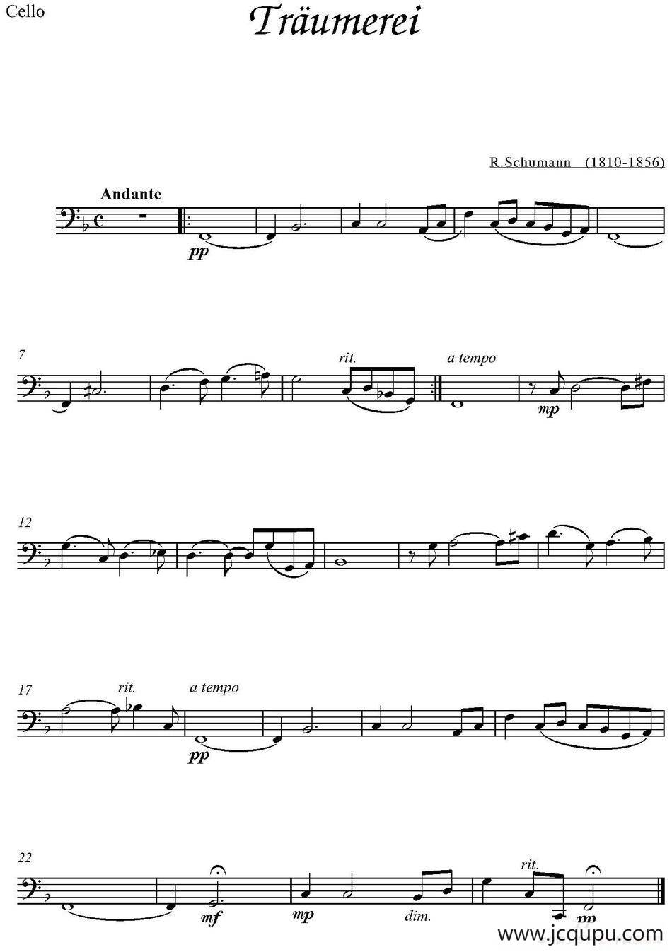 Traumerei（大提琴分谱）简谱