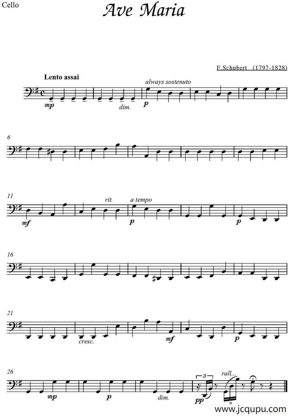 Ave Maria（大提琴分谱、E.Schubert作曲版）简谱