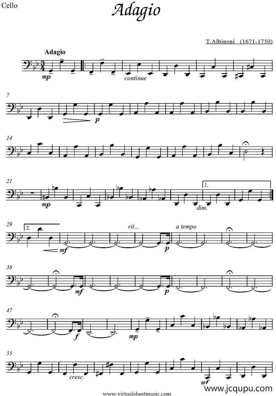Adagio（大提琴分谱、T.Albinoni作曲版）简谱
