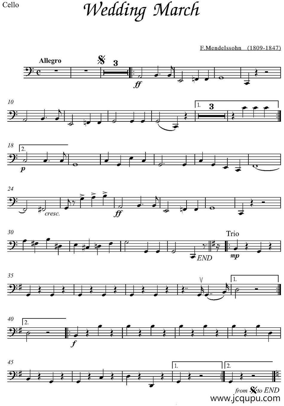 Wedding March（大提琴分谱、F.Mendelssohn作曲版）简谱