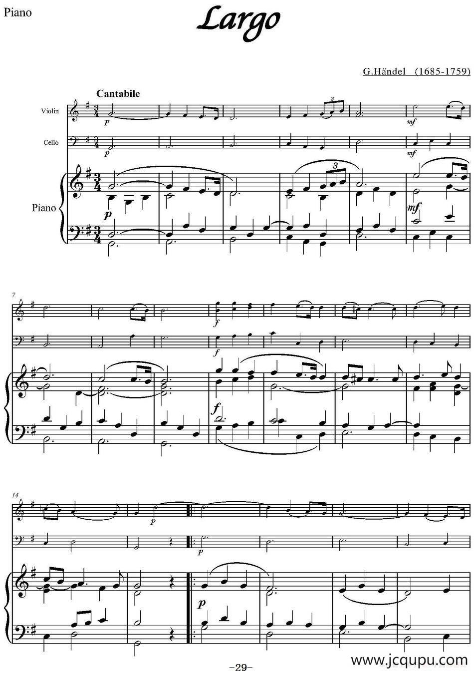 Largo（小提琴+大提琴+钢琴伴奏）简谱