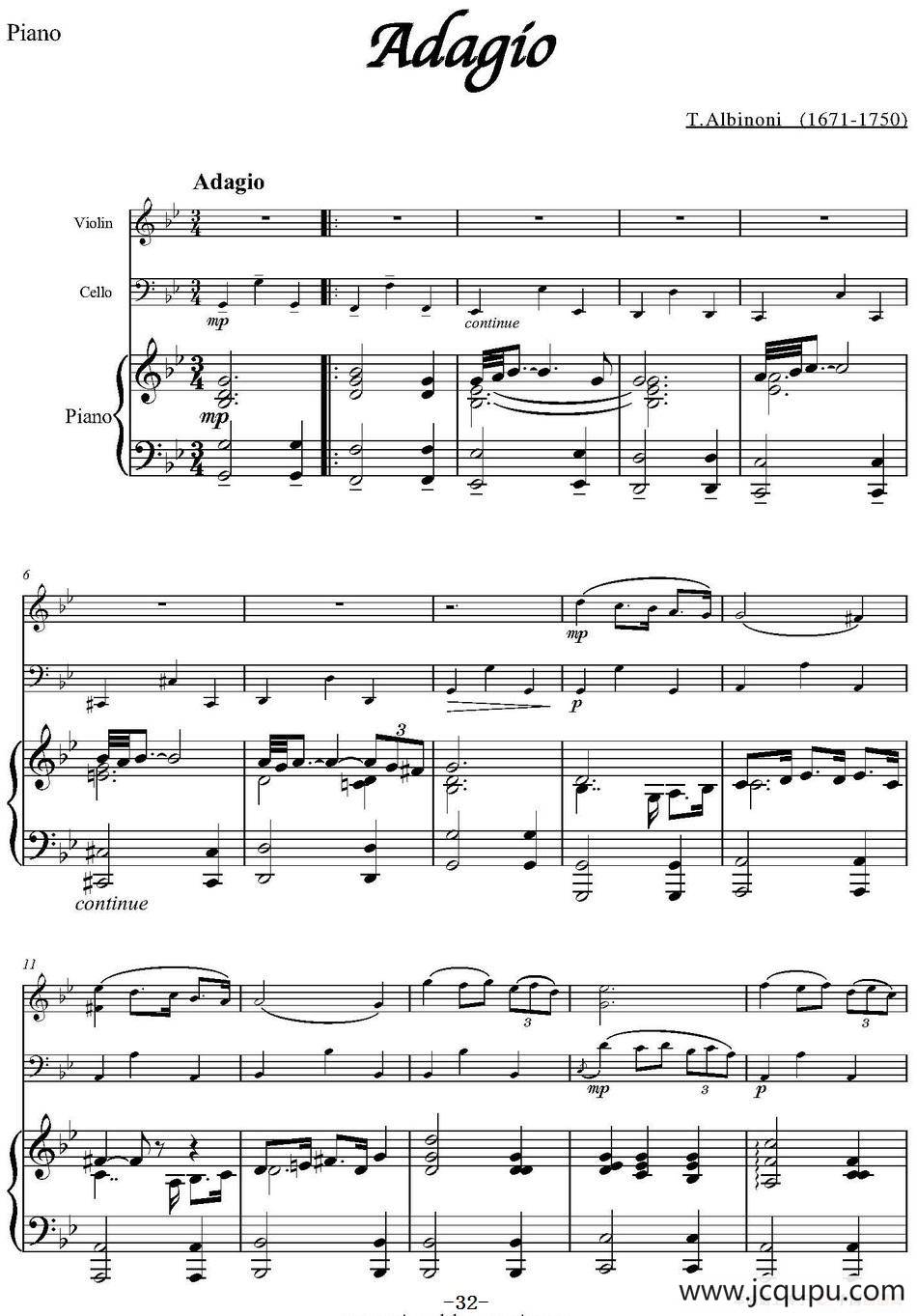 Adagio（小提琴+大提琴+钢琴伴奏、T.Albinoni作曲版）简谱