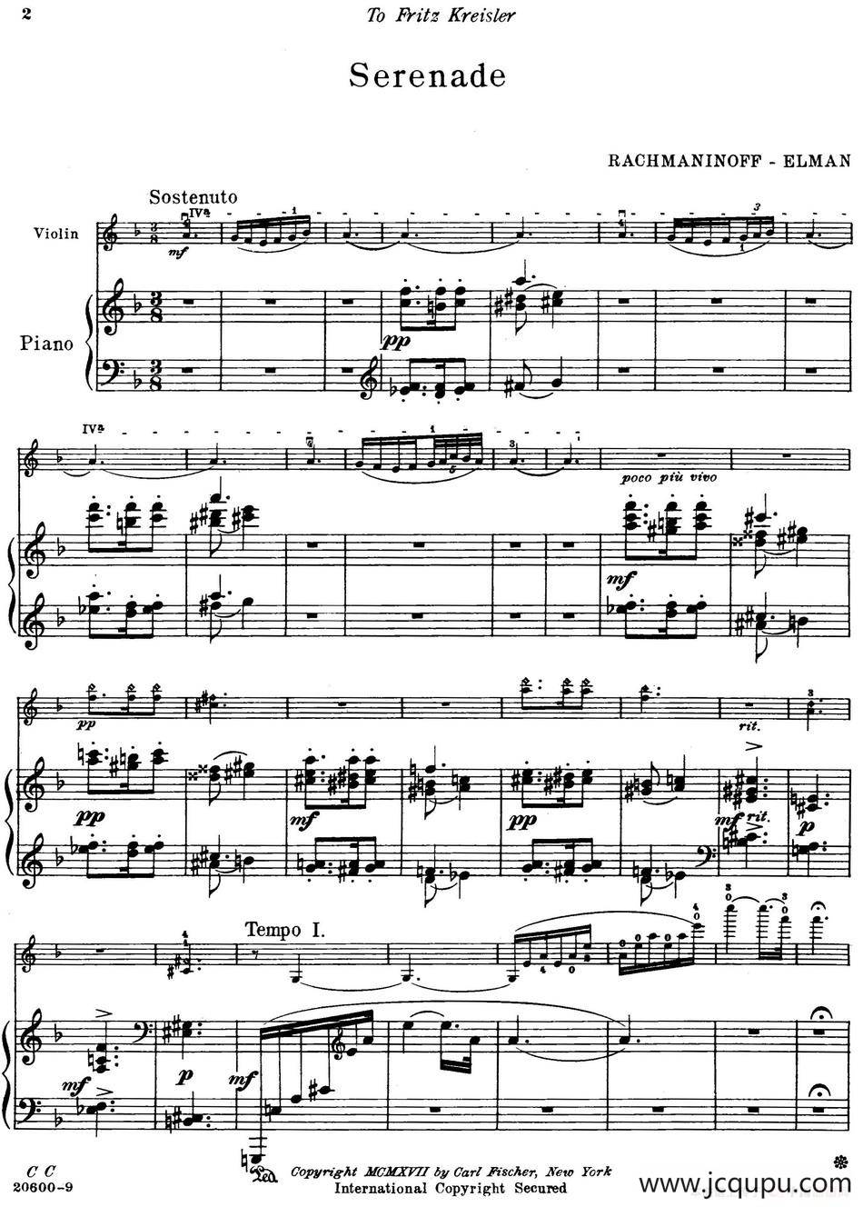 Serenade（Rachmaninoff作曲版、小提琴+钢琴伴奏）简谱