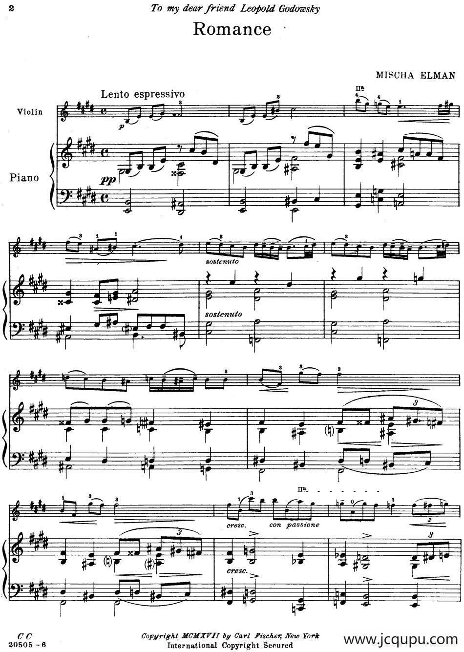 Romance（Mischa Elman作曲版、小提琴+钢琴伴奏）简谱