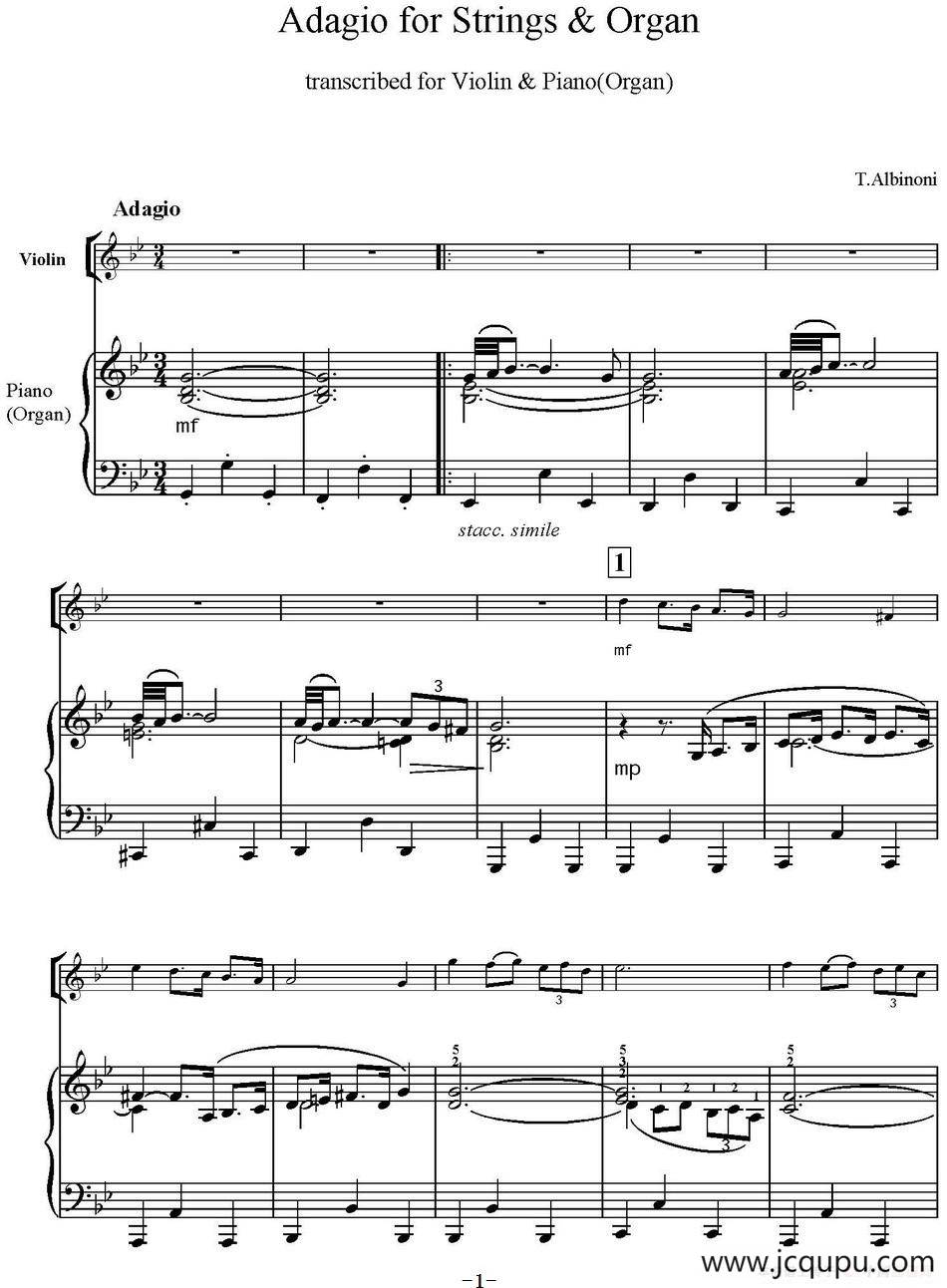 Adagio（G小调柔板、小提琴+钢琴伴奏）简谱