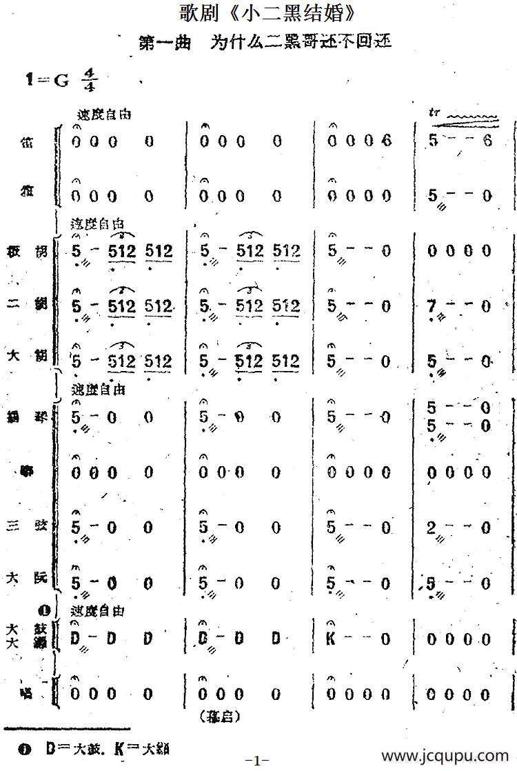 歌剧《小二黑结婚》第一曲 为什么二黑哥还不回还（民乐合奏总谱）简谱