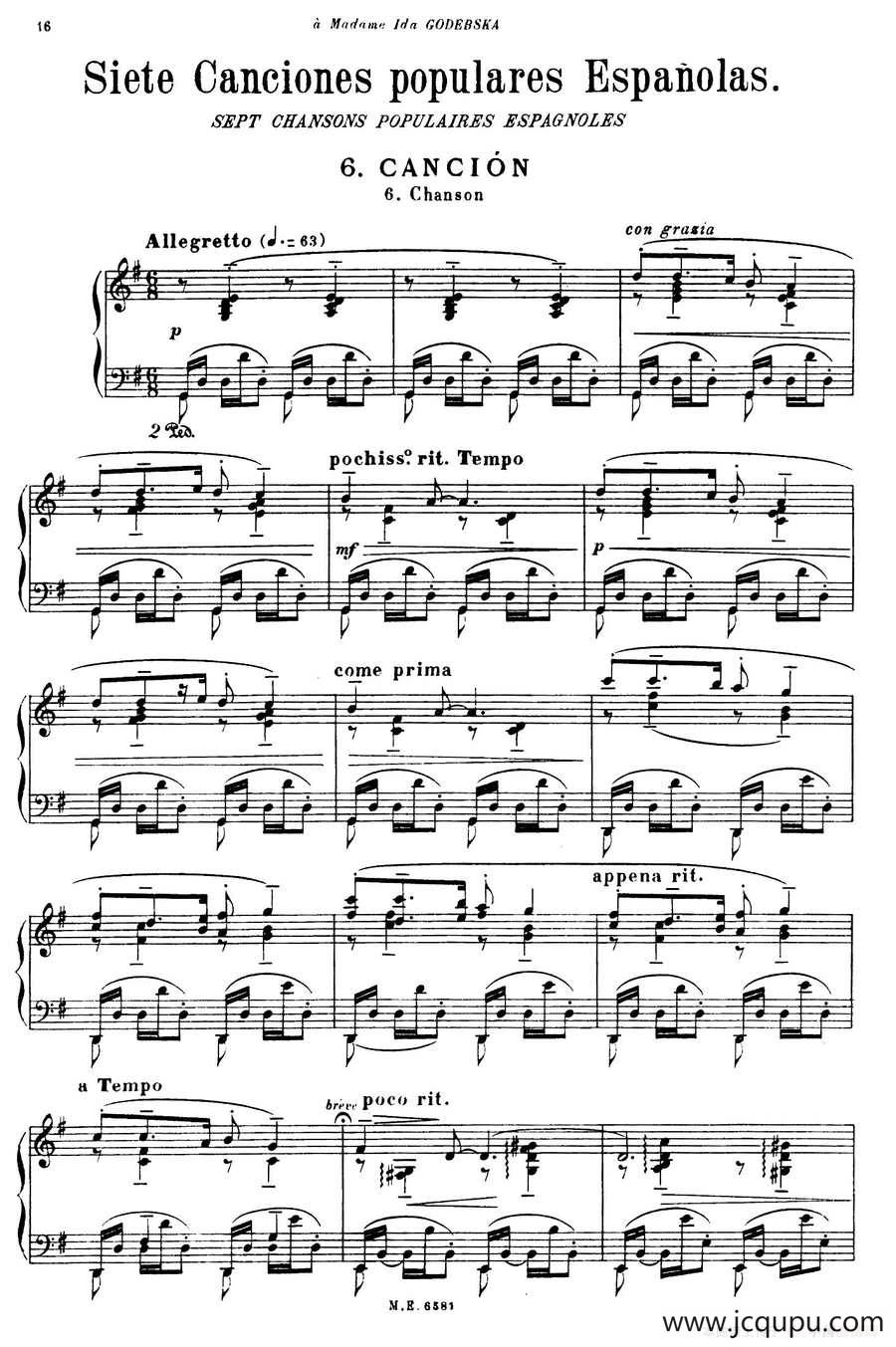 7 Canciones Populares Espanolas（七首西班牙民歌·6·钢琴独奏版）简谱