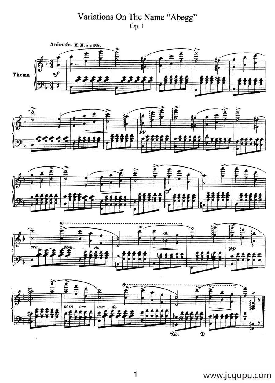 Abegg Variations Op.1（阿贝格变奏曲）简谱